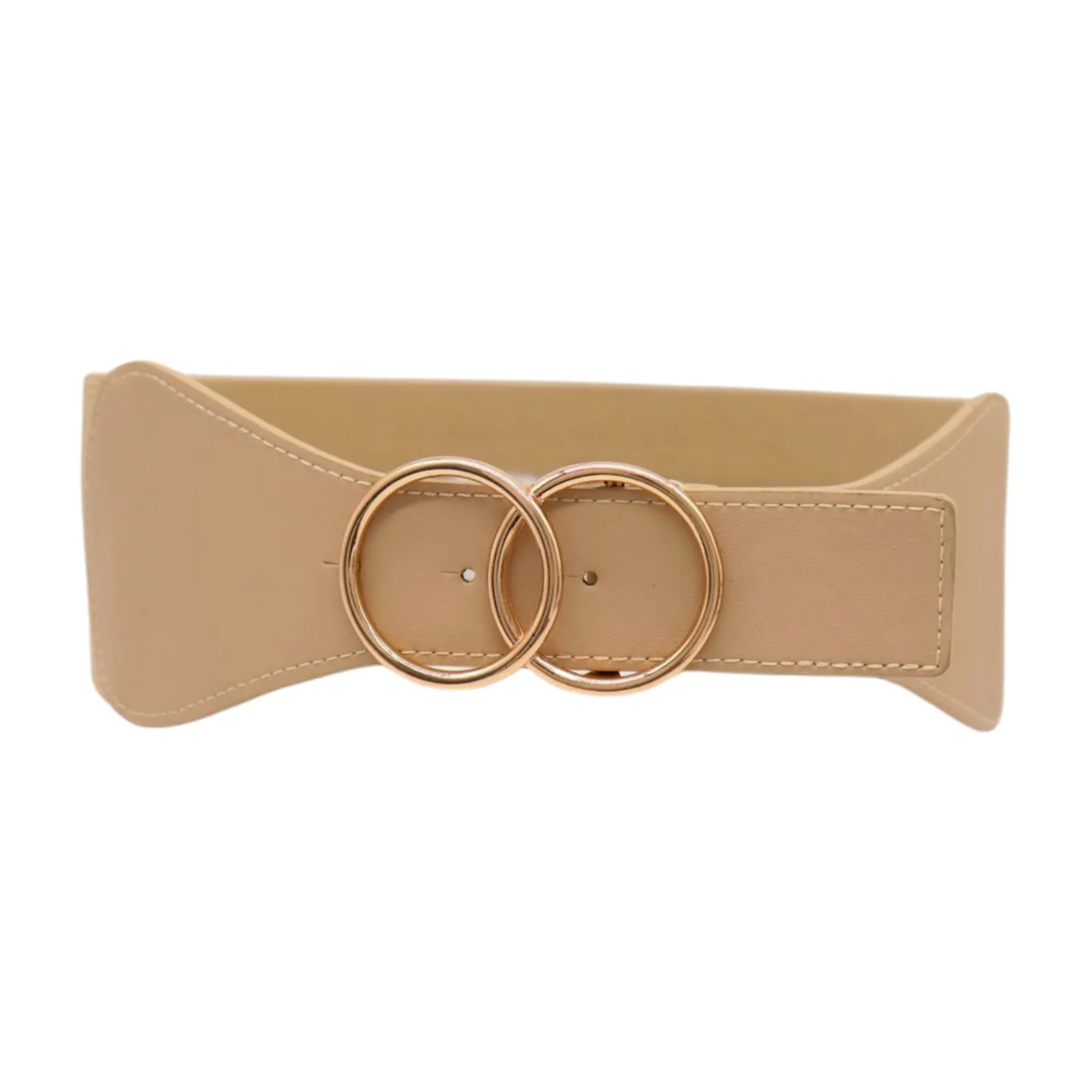 Women Beige Nude Wide Elastic Band Fashion Belt Gold Metal Circle Buckle S M