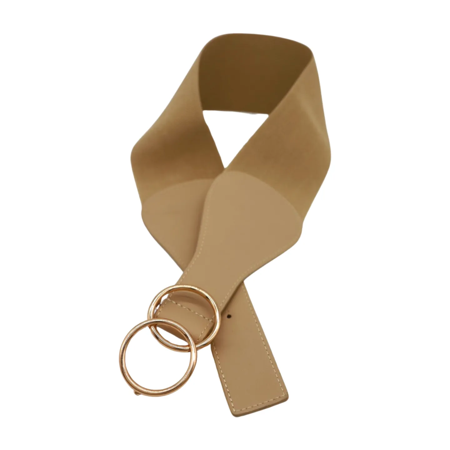 Women Beige Nude Wide Elastic Band Fashion Belt Gold Metal Circle Buckle S M