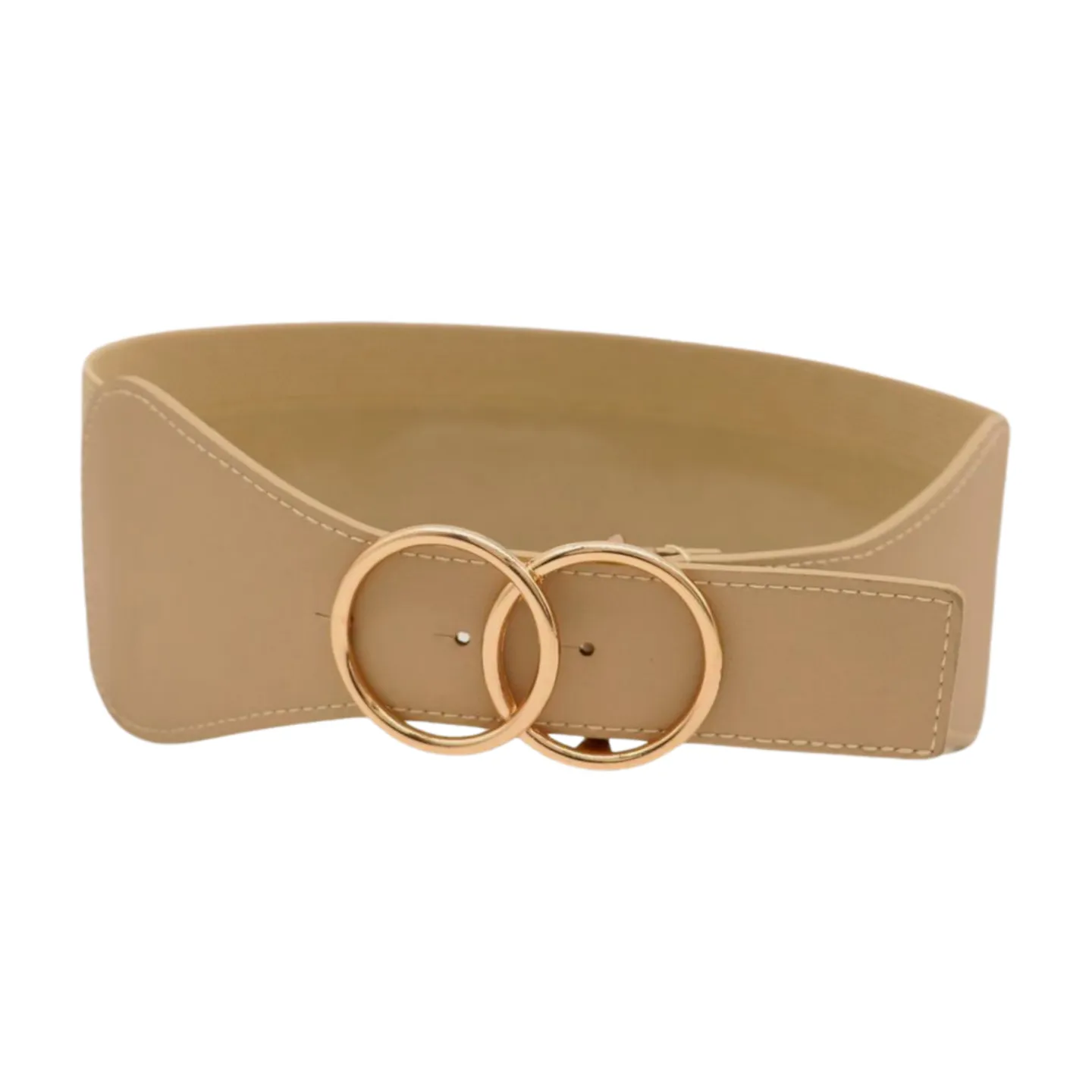 Women Beige Nude Wide Elastic Band Fashion Belt Gold Metal Circle Buckle S M