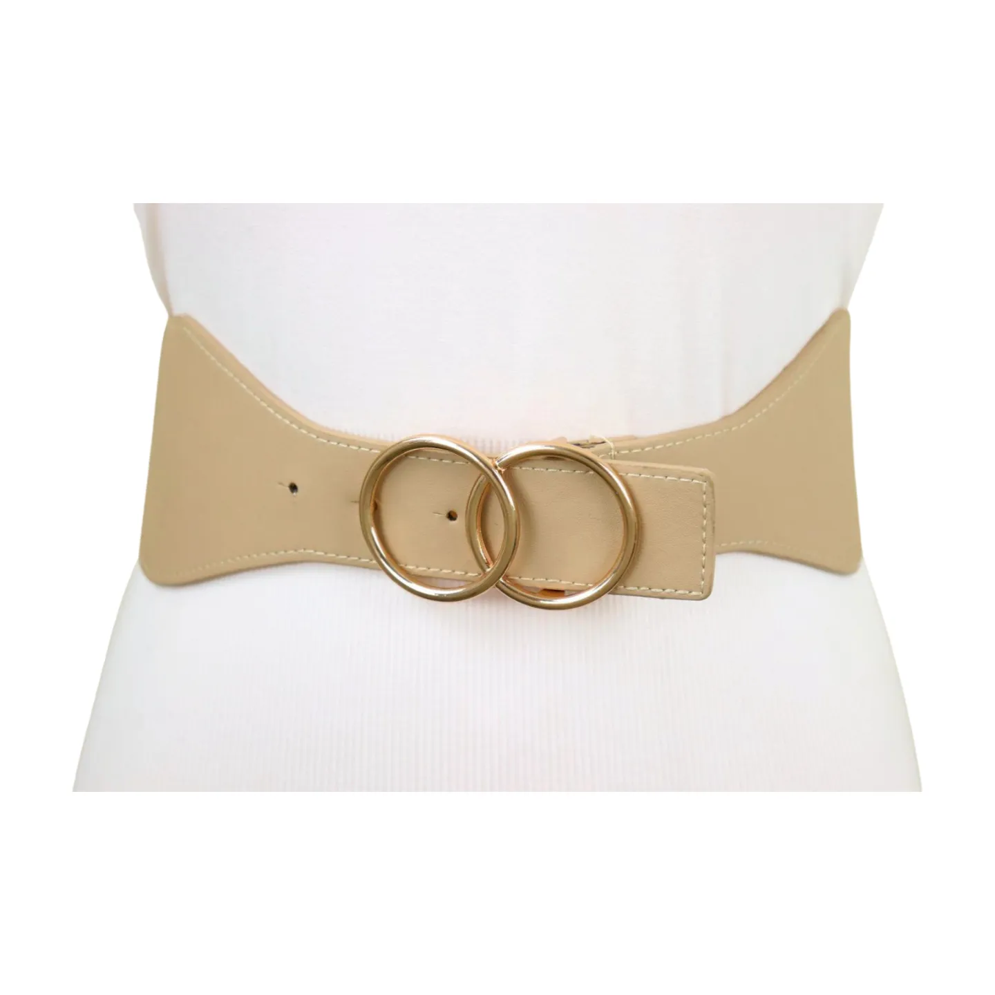 Women Beige Nude Wide Elastic Band Fashion Belt Gold Metal Circle Buckle S M