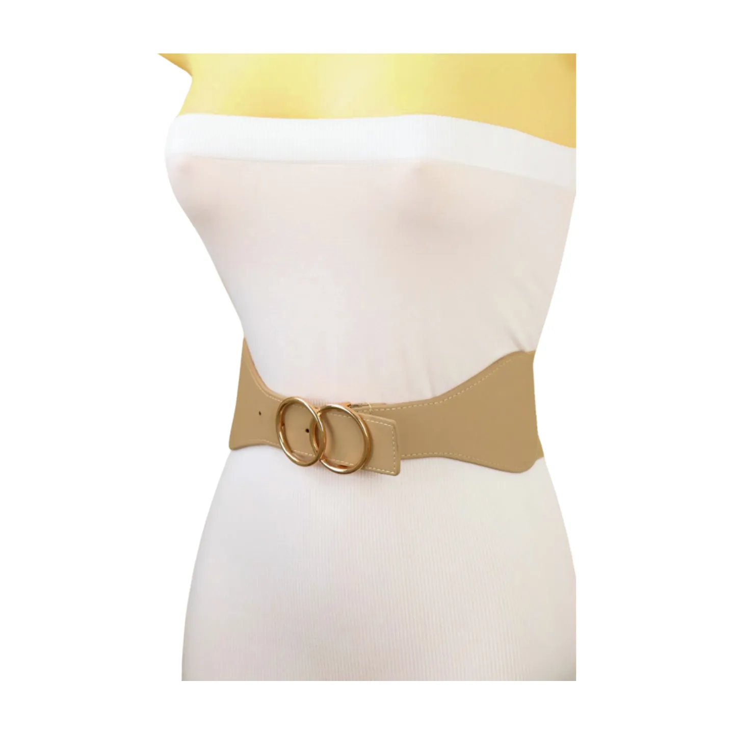 Women Beige Nude Wide Elastic Band Fashion Belt Gold Metal Circle Buckle S M