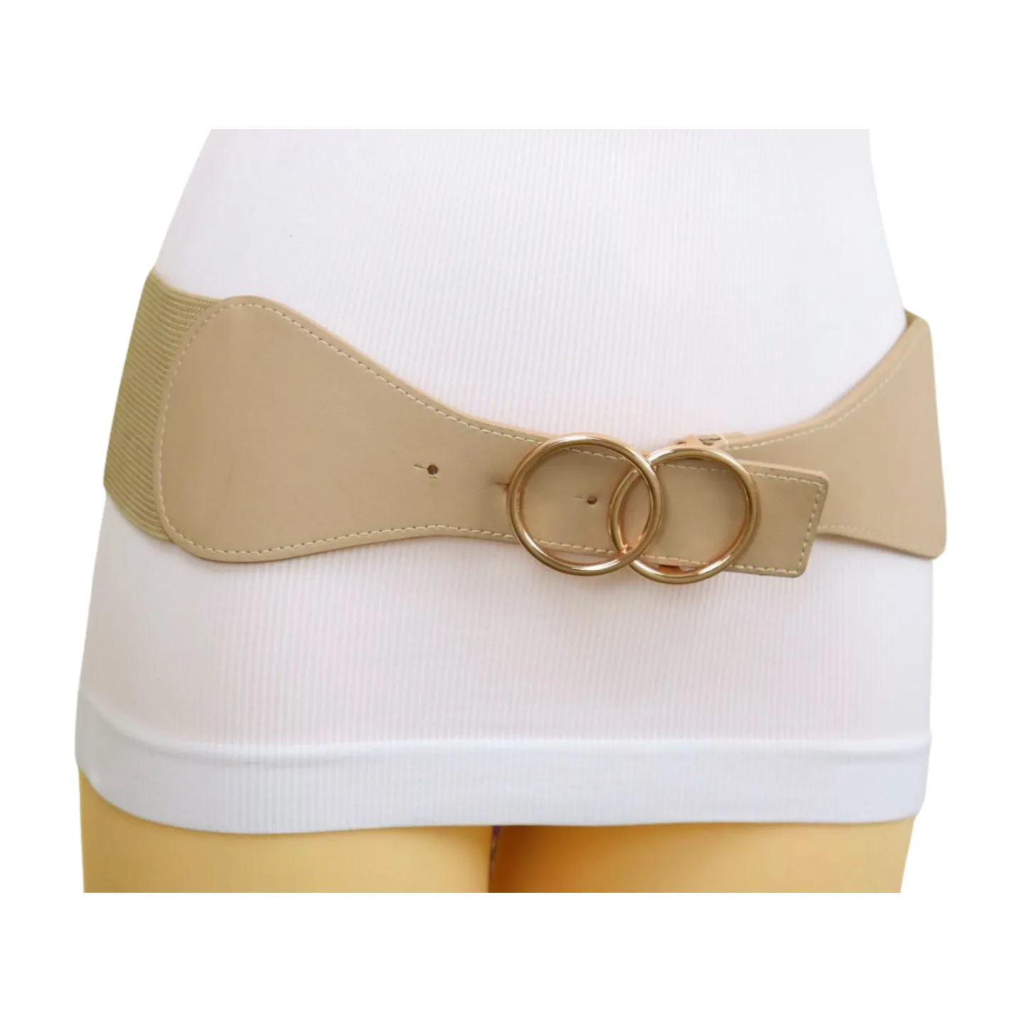 Women Beige Nude Wide Elastic Band Fashion Belt Gold Metal Circle Buckle S M