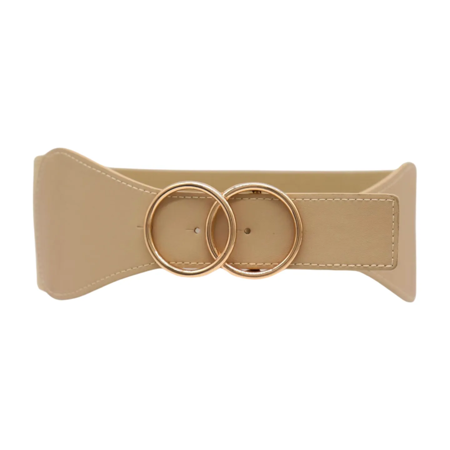 Women Beige Nude Wide Elastic Band Fashion Belt Gold Metal Circle Buckle S M