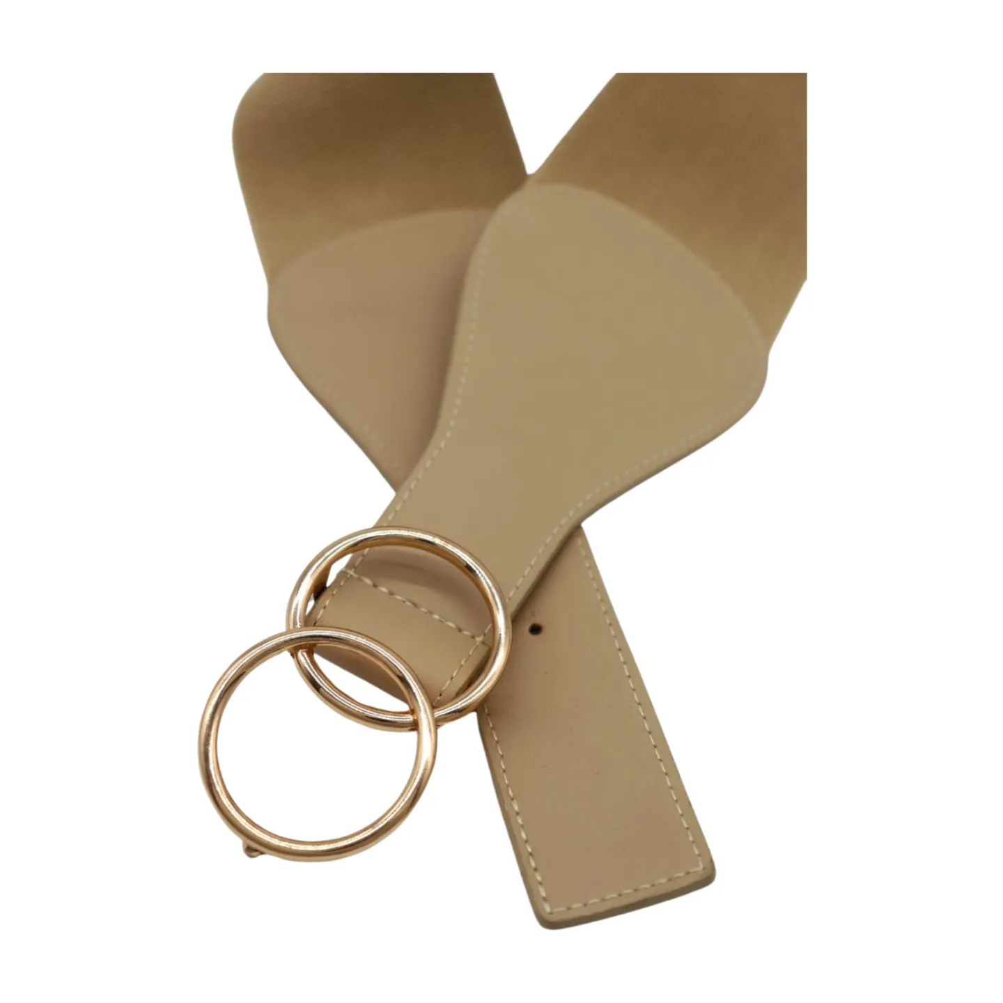 Women Beige Nude Wide Elastic Band Fashion Belt Gold Metal Circle Buckle S M
