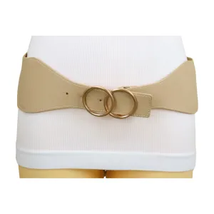 Women Beige Nude Wide Elastic Band Fashion Belt Gold Metal Circle Buckle S M