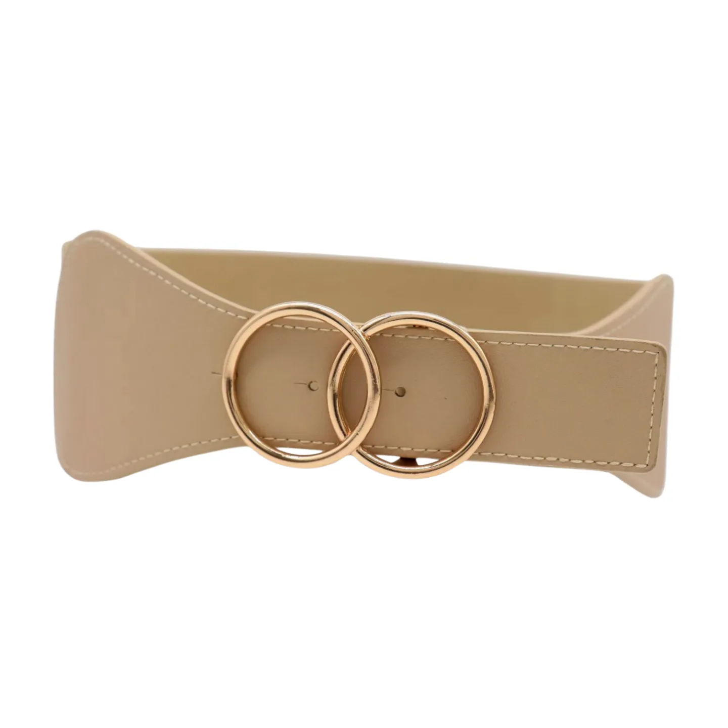 Women Beige Nude Wide Elastic Band Fashion Belt Gold Metal Circle Buckle S M