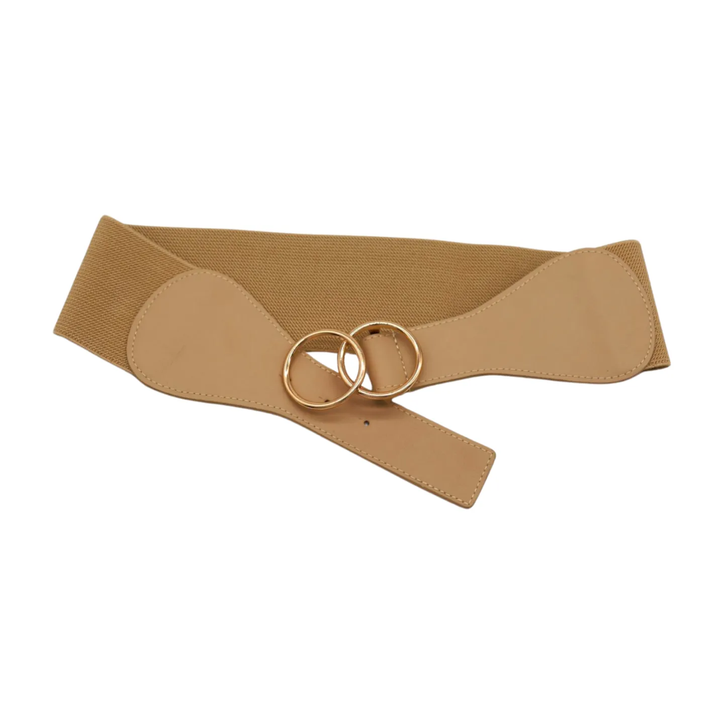 Women Beige Nude Wide Elastic Band Fashion Belt Gold Metal Circle Buckle S M