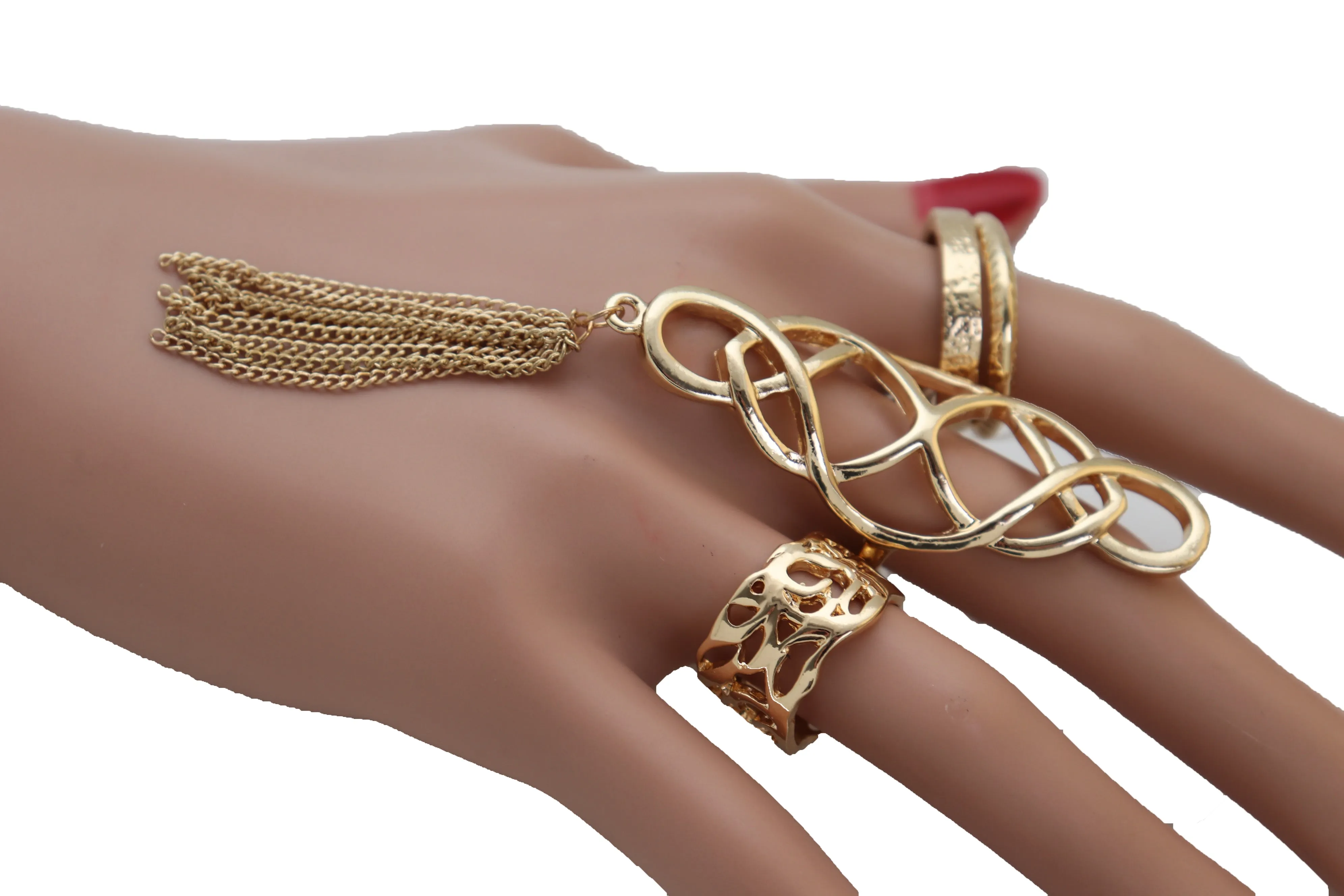 Women Ring Gold Metal Fringes Set Of 4 Two Fingers Size 5, 7.5, 7.75, 8