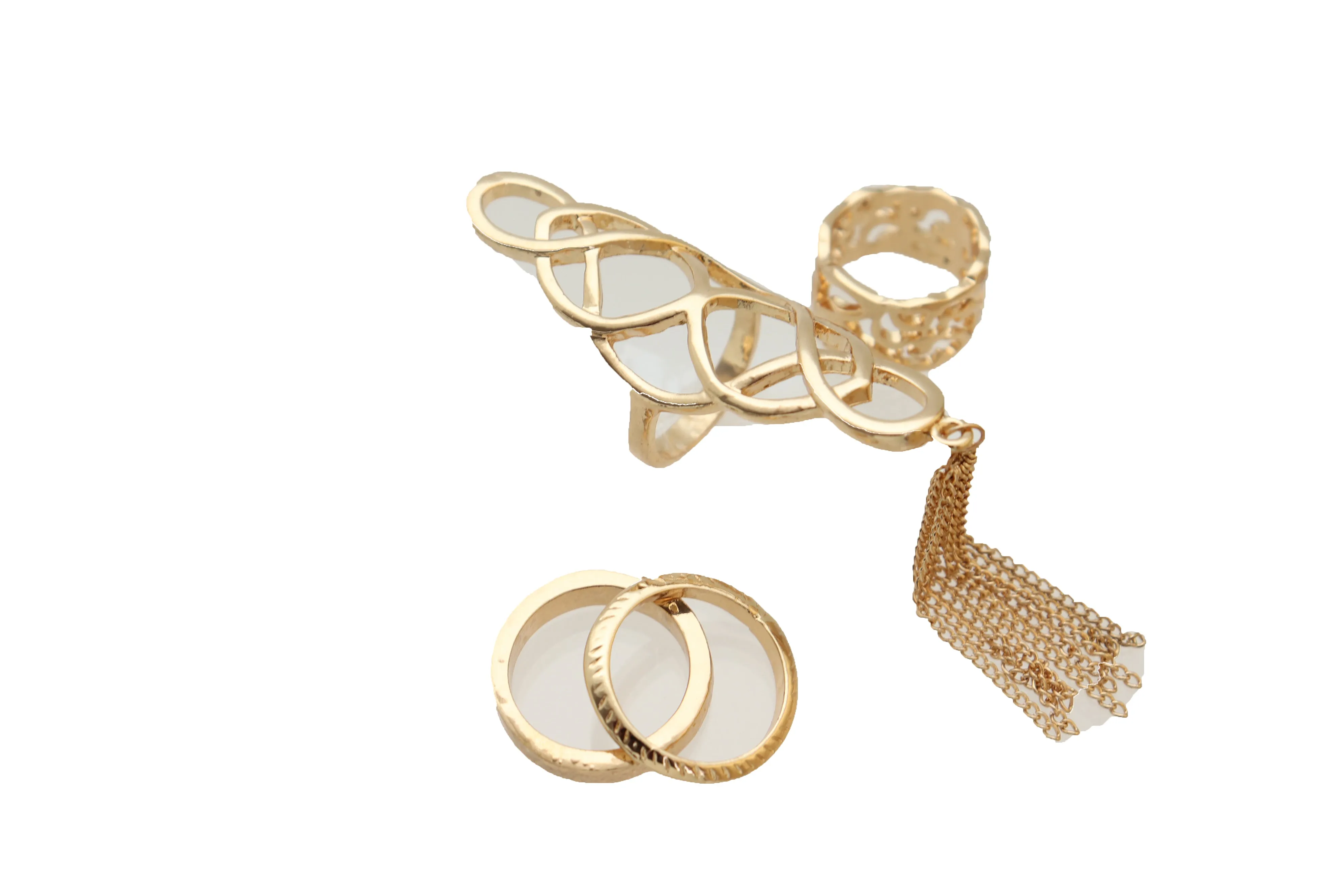 Women Ring Gold Metal Fringes Set Of 4 Two Fingers Size 5, 7.5, 7.75, 8