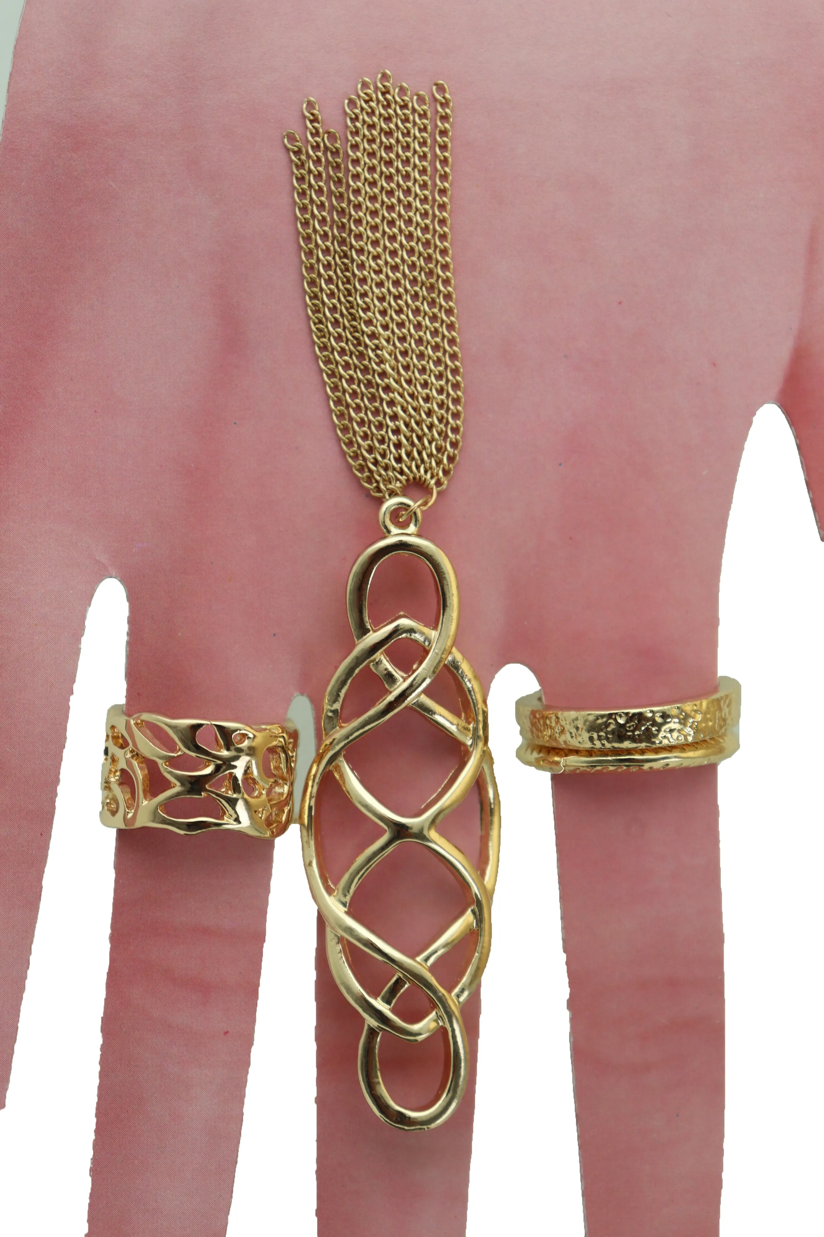 Women Ring Gold Metal Fringes Set Of 4 Two Fingers Size 5, 7.5, 7.75, 8