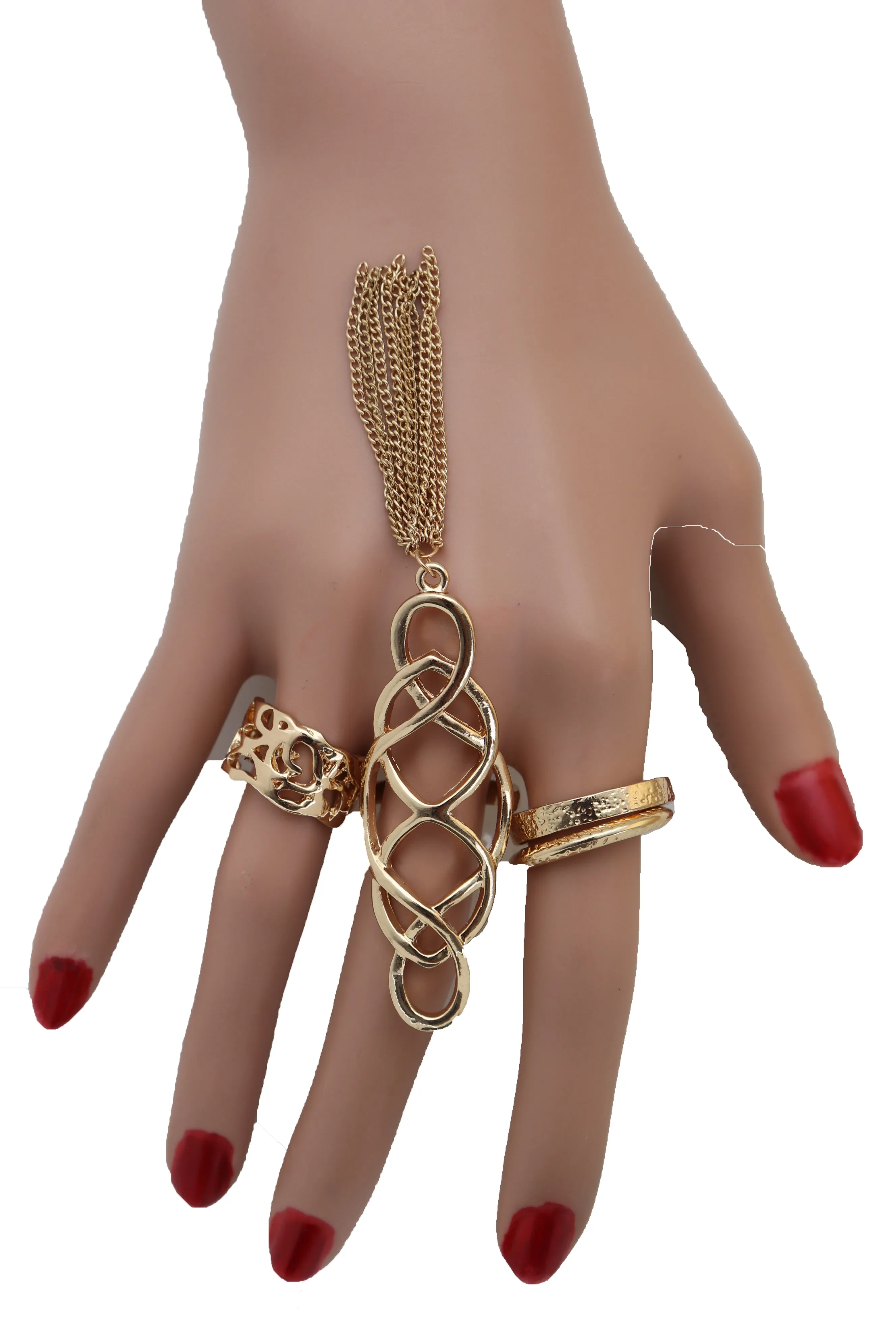 Women Ring Gold Metal Fringes Set Of 4 Two Fingers Size 5, 7.5, 7.75, 8