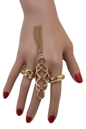 Women Ring Gold Metal Fringes Set Of 4 Two Fingers Size 5, 7.5, 7.75, 8