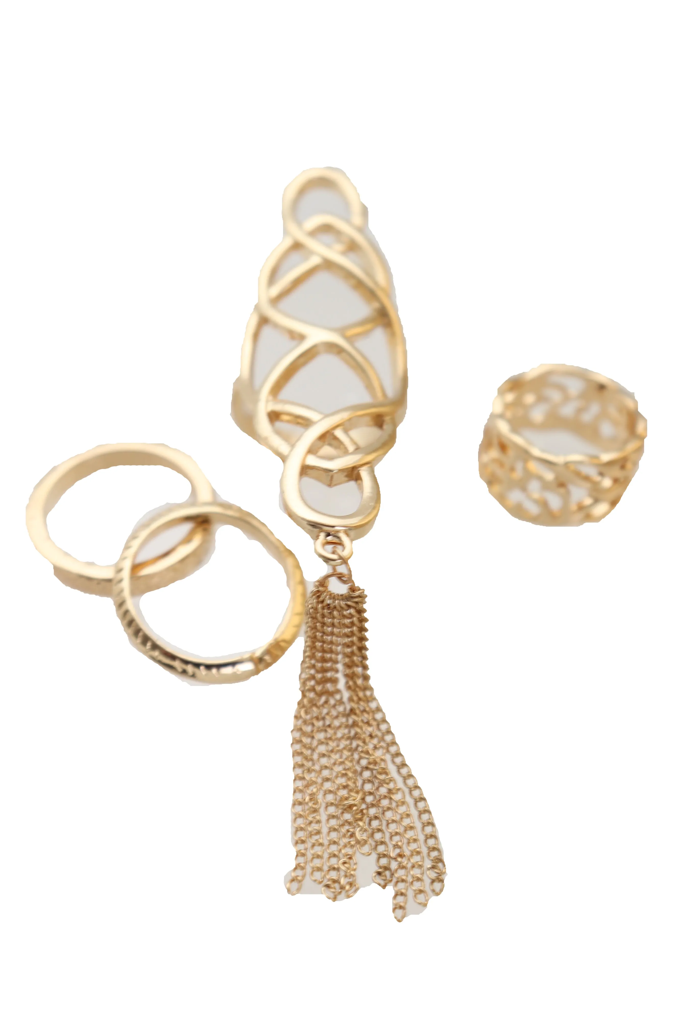 Women Ring Gold Metal Fringes Set Of 4 Two Fingers Size 5, 7.5, 7.75, 8
