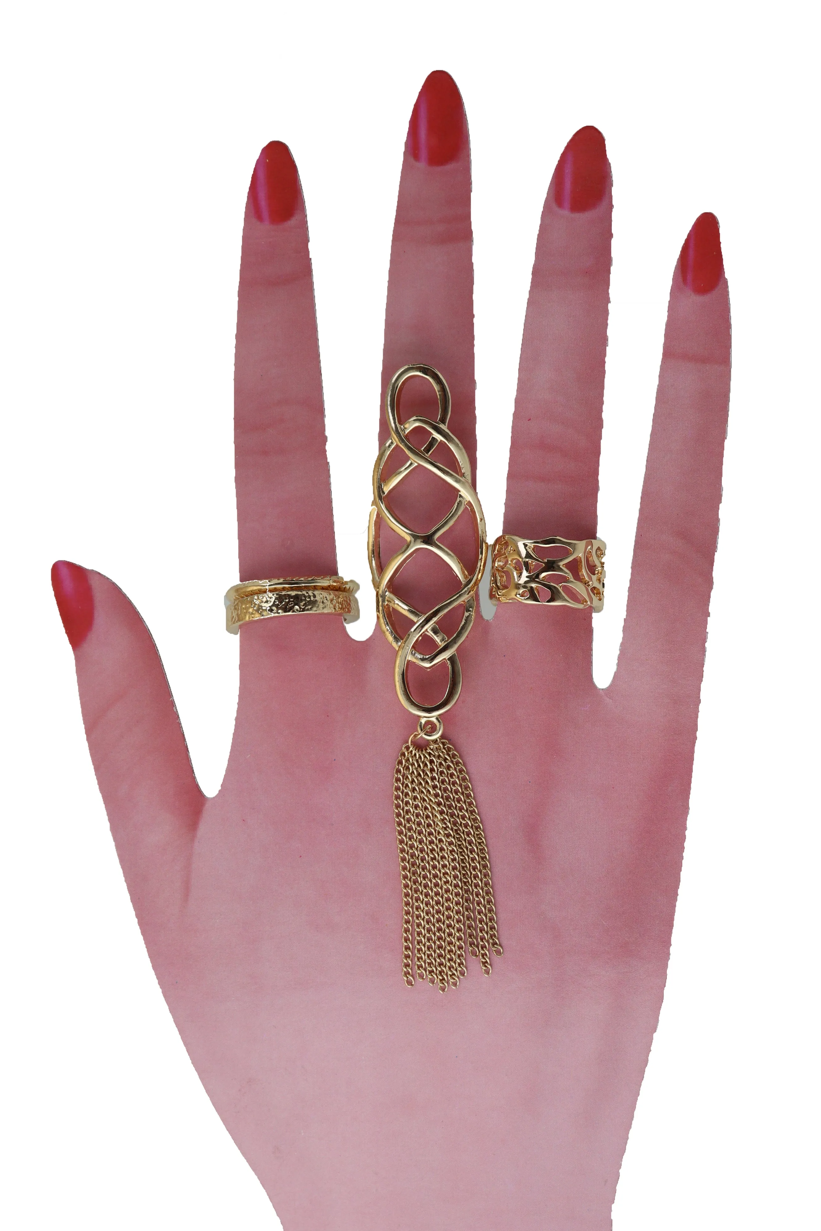 Women Ring Gold Metal Fringes Set Of 4 Two Fingers Size 5, 7.5, 7.75, 8
