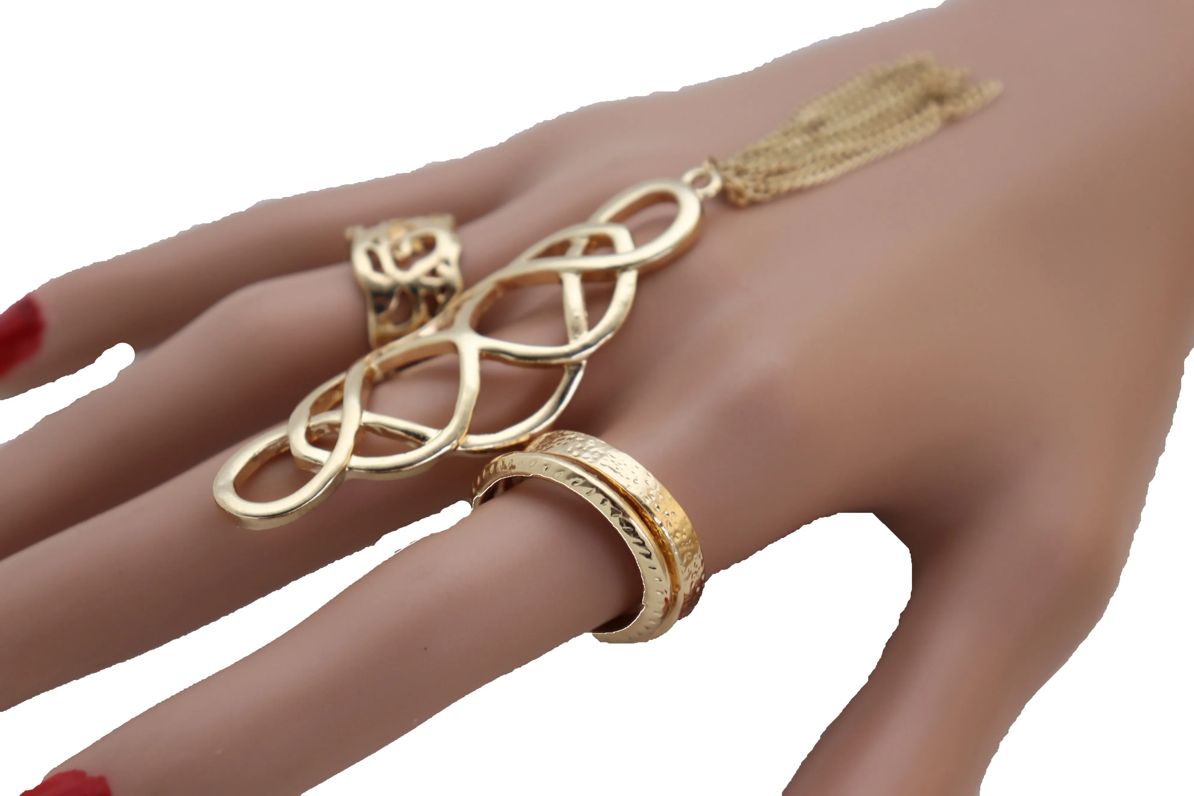 Women Ring Gold Metal Fringes Set Of 4 Two Fingers Size 5, 7.5, 7.75, 8