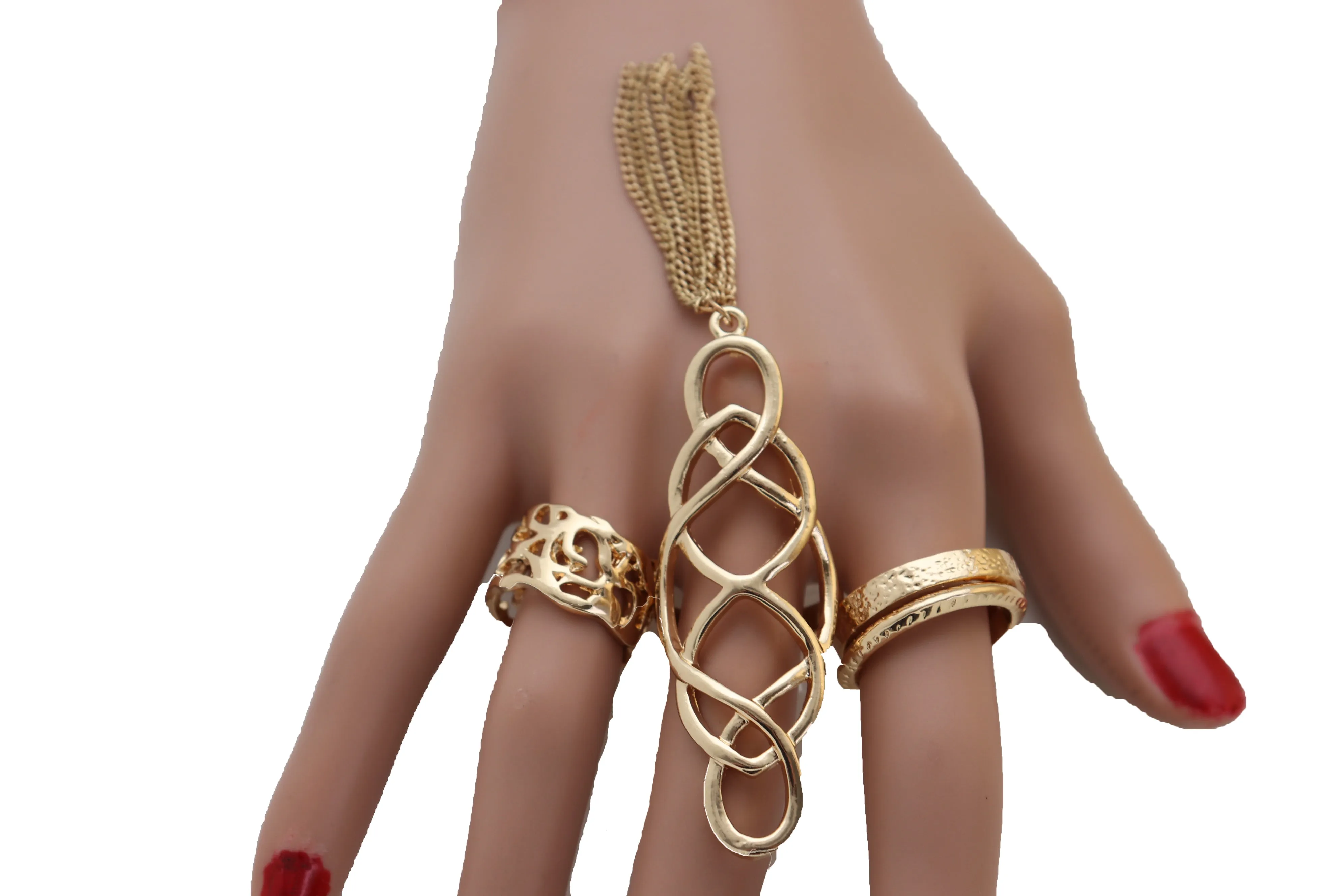 Women Ring Gold Metal Fringes Set Of 4 Two Fingers Size 5, 7.5, 7.75, 8