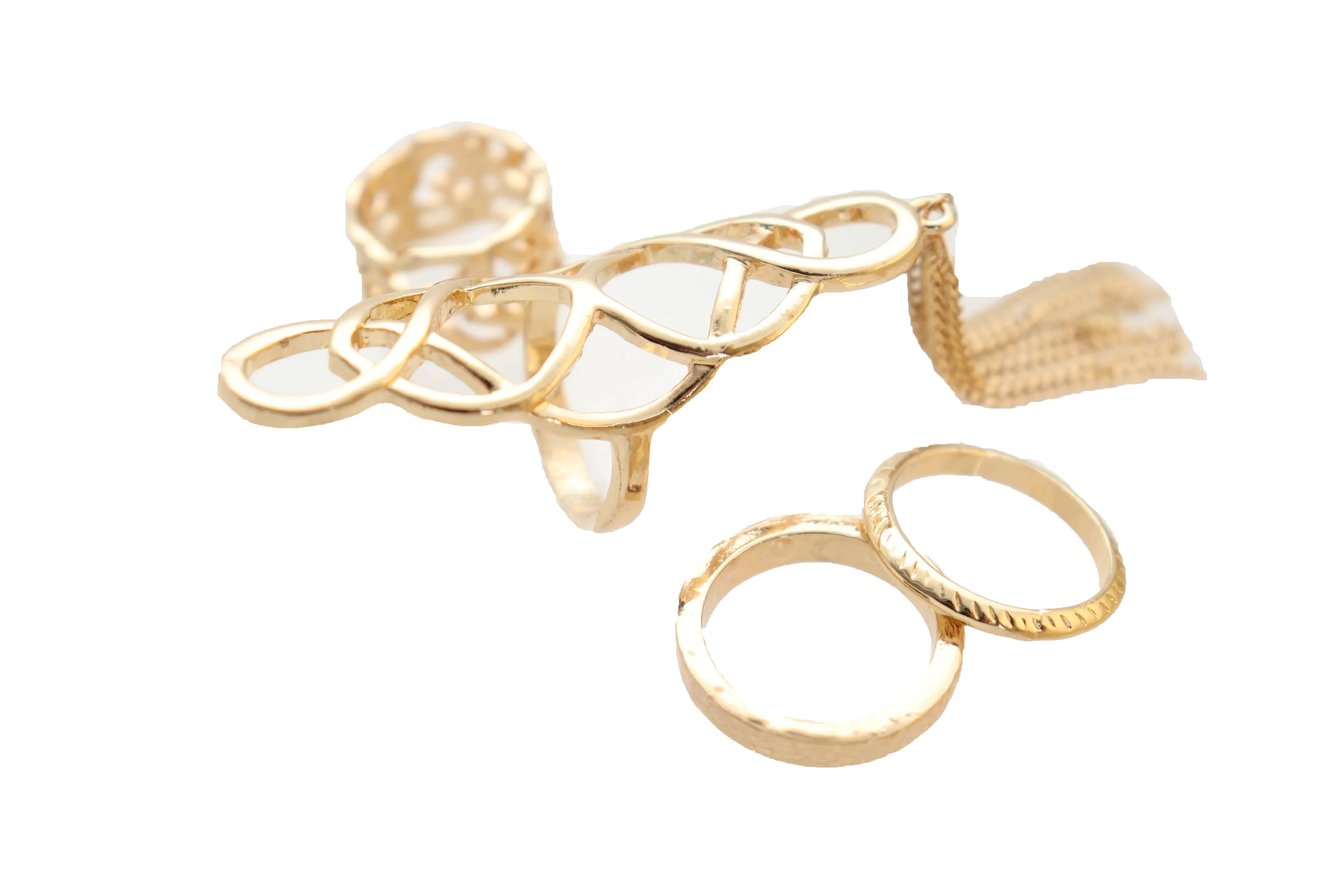 Women Ring Gold Metal Fringes Set Of 4 Two Fingers Size 5, 7.5, 7.75, 8