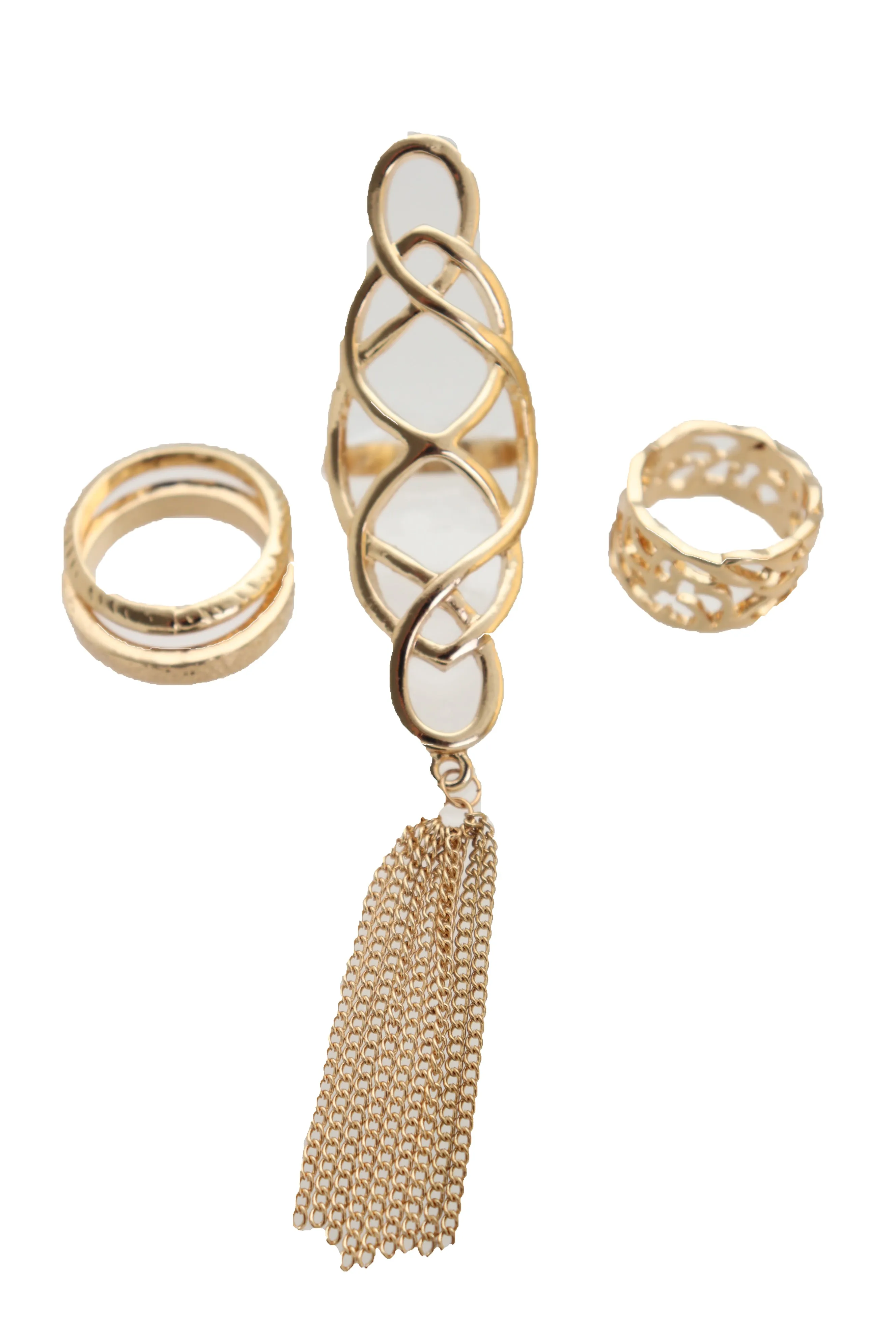 Women Ring Gold Metal Fringes Set Of 4 Two Fingers Size 5, 7.5, 7.75, 8