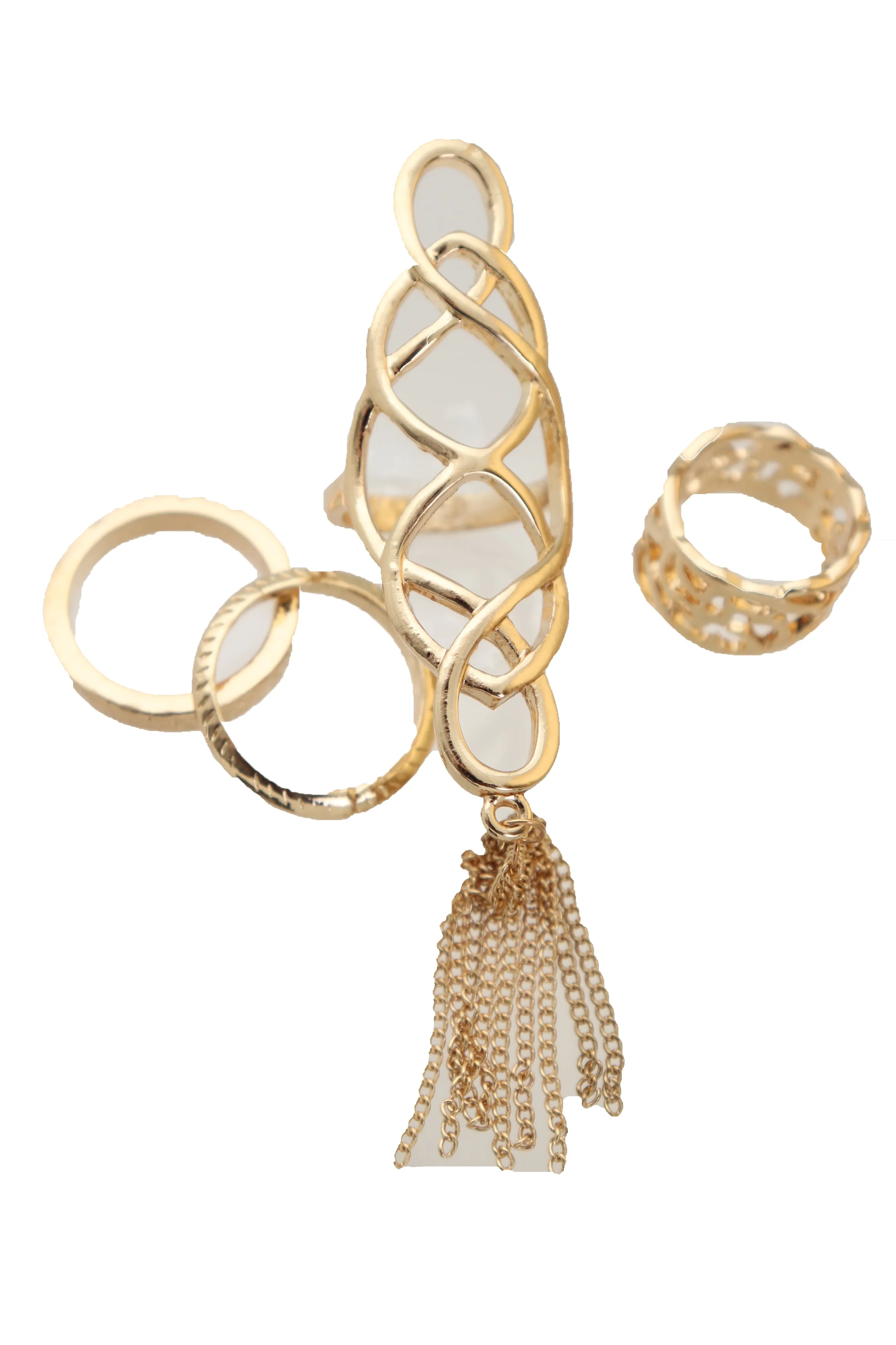 Women Ring Gold Metal Fringes Set Of 4 Two Fingers Size 5, 7.5, 7.75, 8