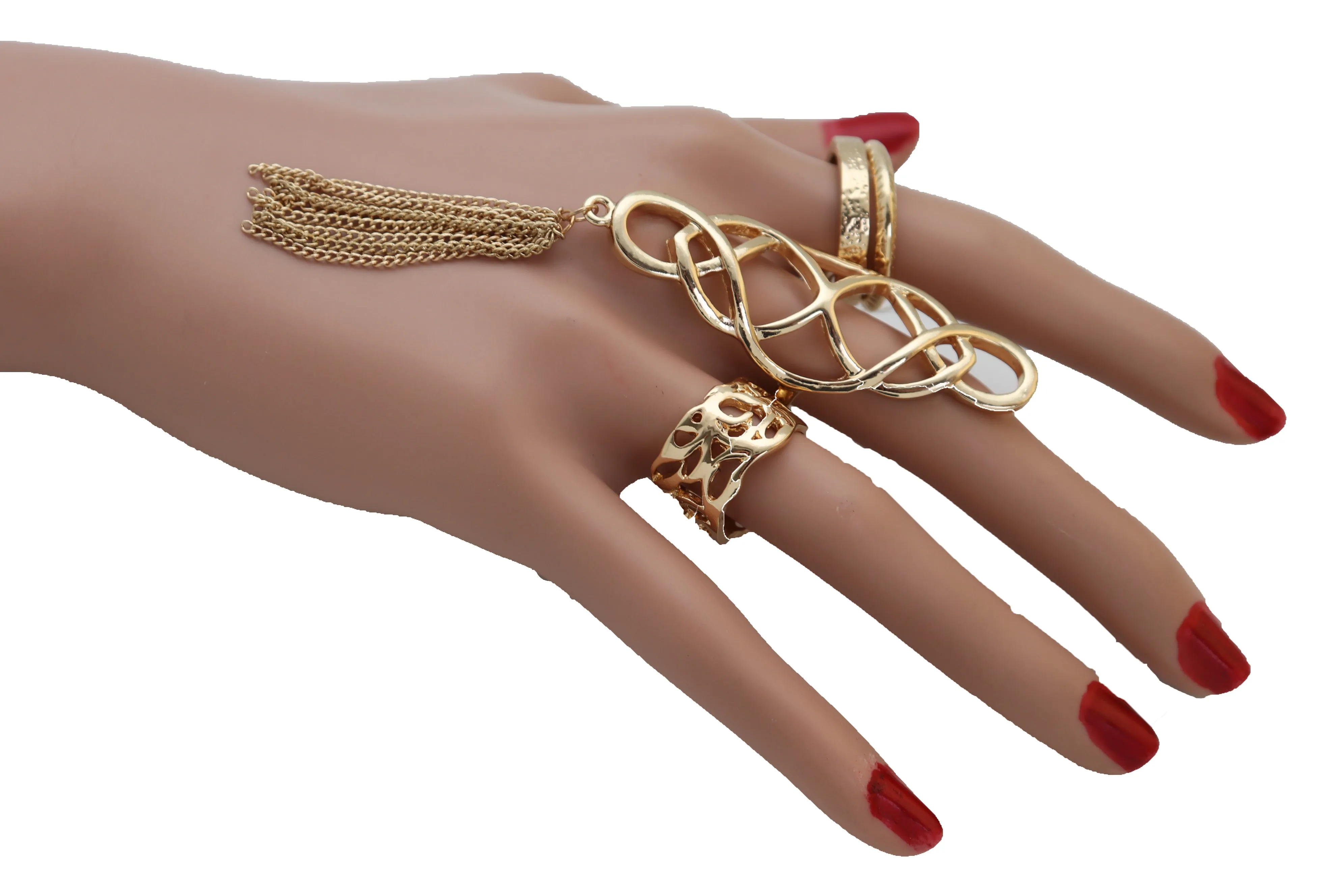 Women Ring Gold Metal Fringes Set Of 4 Two Fingers Size 5, 7.5, 7.75, 8