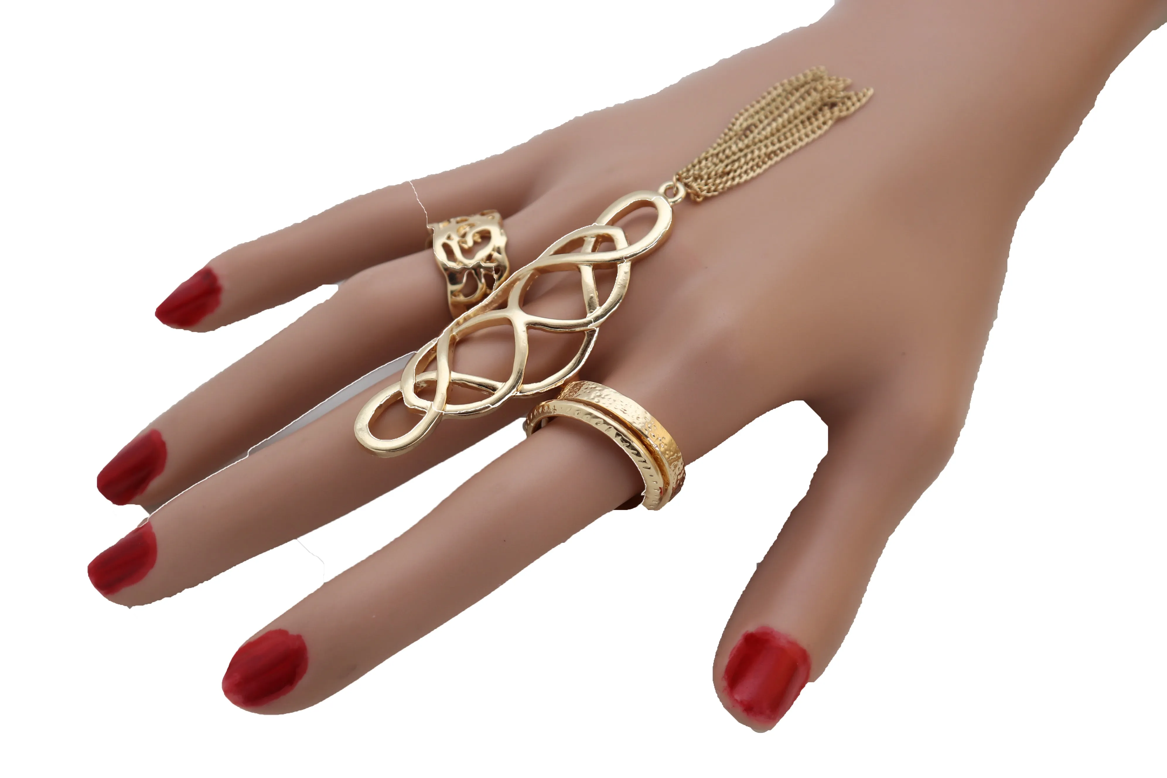 Women Ring Gold Metal Fringes Set Of 4 Two Fingers Size 5, 7.5, 7.75, 8