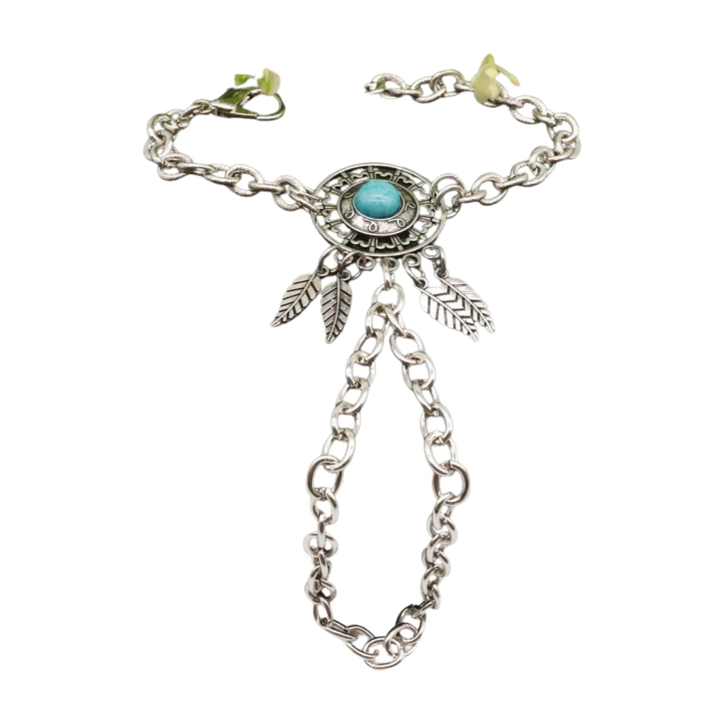 Women Silver Metal Hand Chain Bracelet Connected Ring Turquoise Blue Bead Leaves