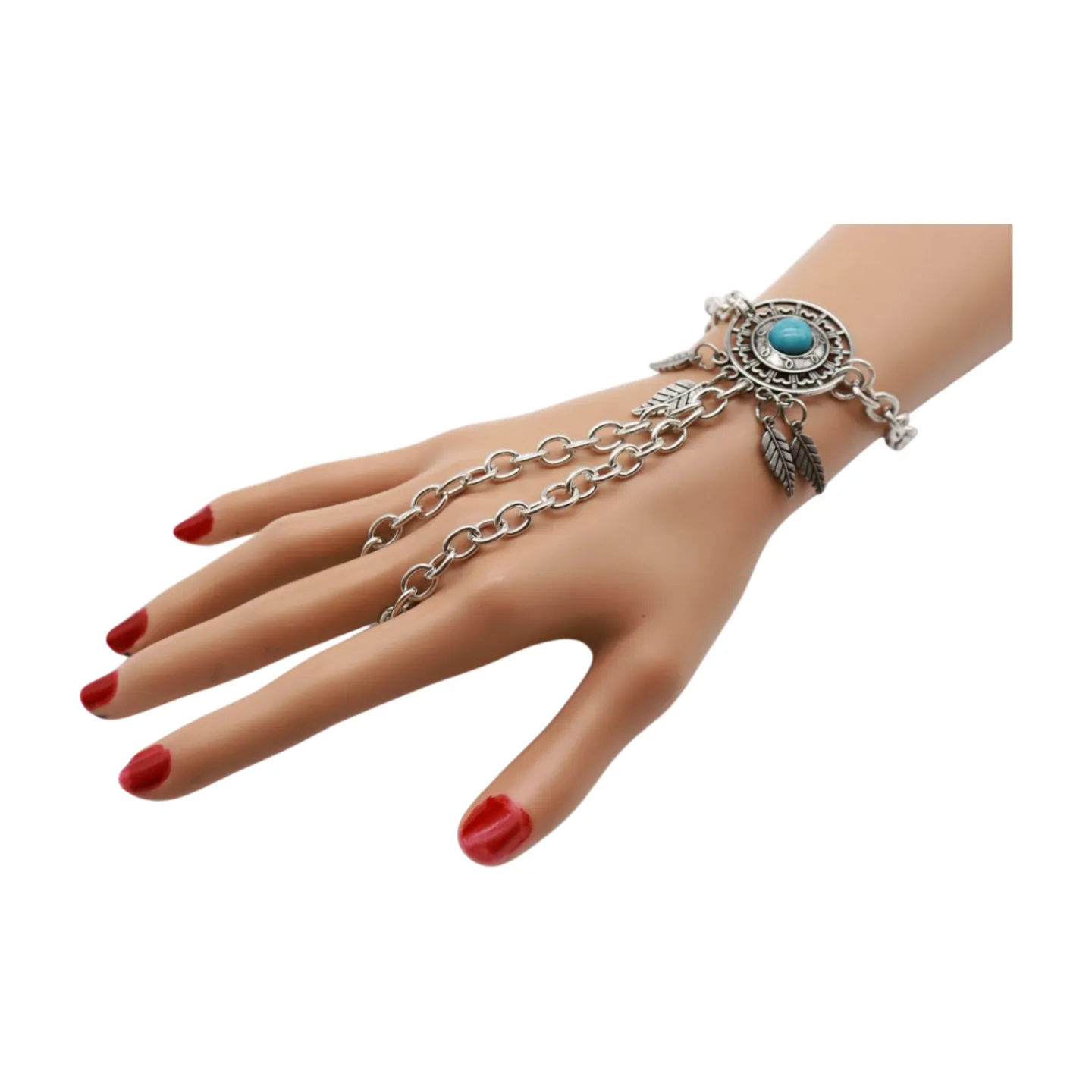 Women Silver Metal Hand Chain Bracelet Connected Ring Turquoise Blue Bead Leaves