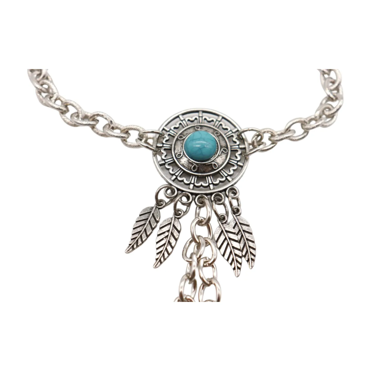 Women Silver Metal Hand Chain Bracelet Connected Ring Turquoise Blue Bead Leaves