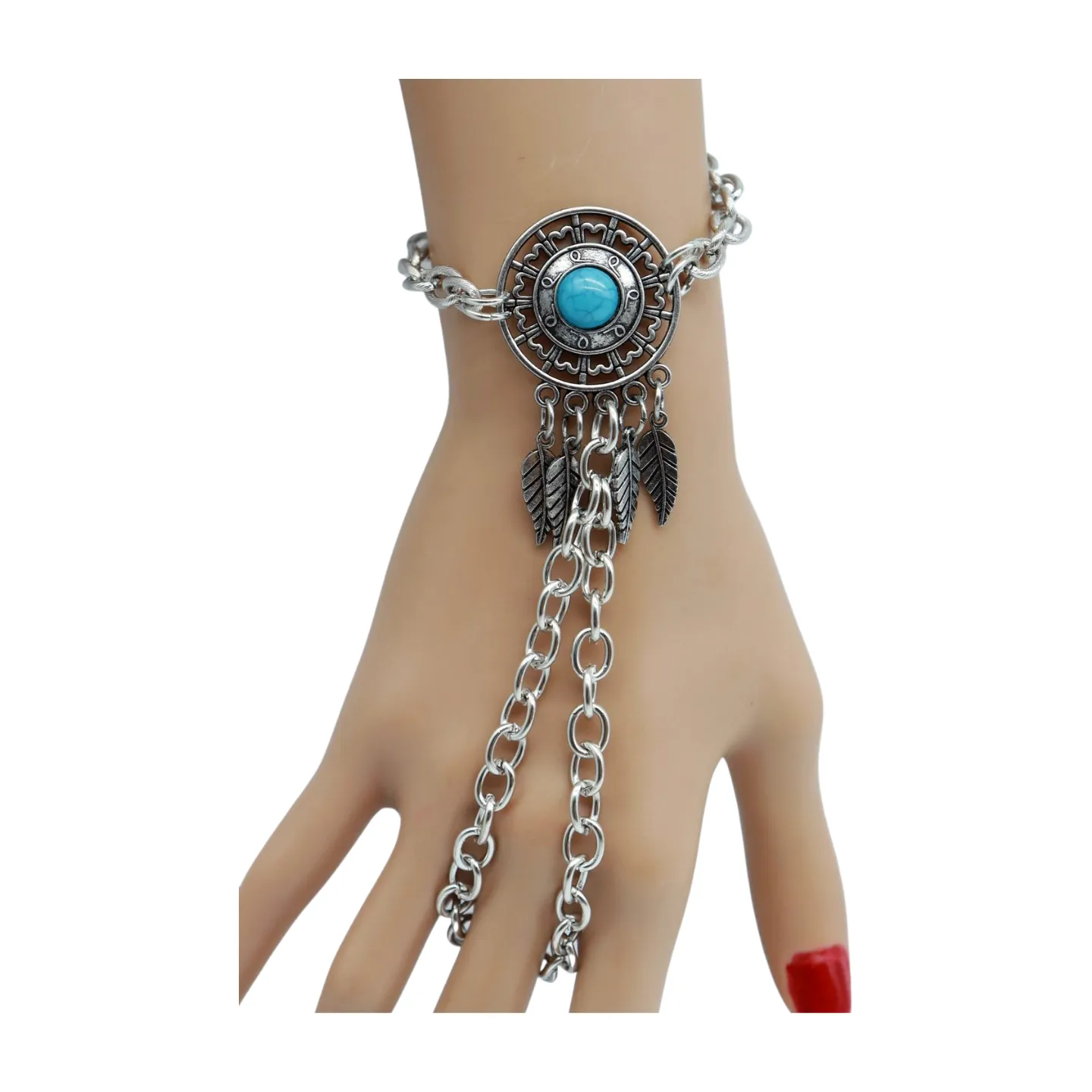 Women Silver Metal Hand Chain Bracelet Connected Ring Turquoise Blue Bead Leaves