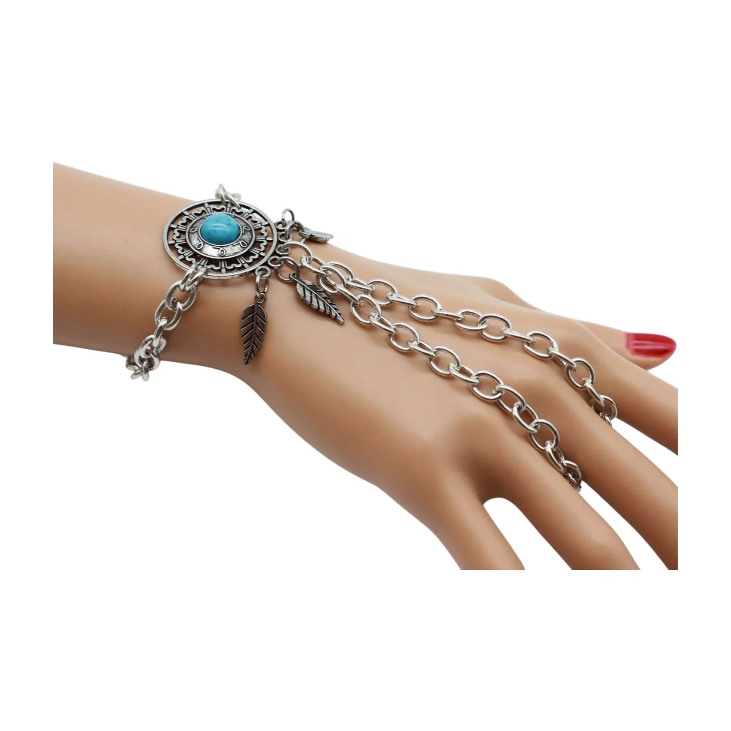 Women Silver Metal Hand Chain Bracelet Connected Ring Turquoise Blue Bead Leaves