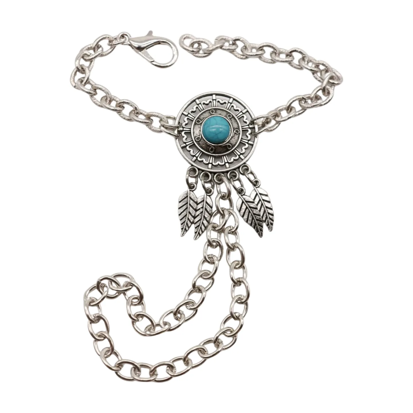 Women Silver Metal Hand Chain Bracelet Connected Ring Turquoise Blue Bead Leaves