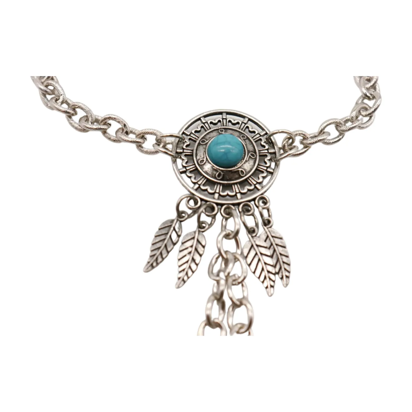 Women Silver Metal Hand Chain Bracelet Connected Ring Turquoise Blue Bead Leaves