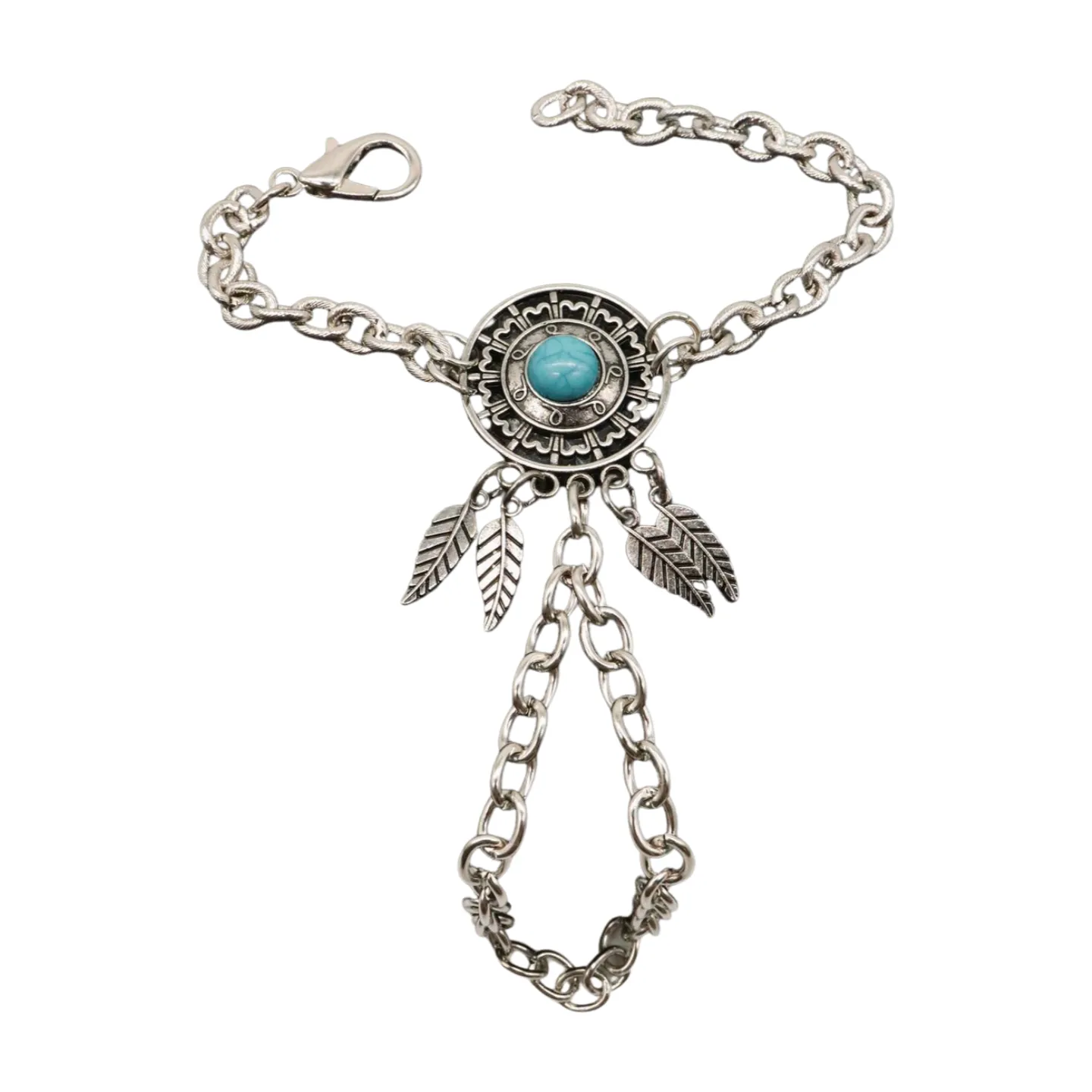 Women Silver Metal Hand Chain Bracelet Connected Ring Turquoise Blue Bead Leaves