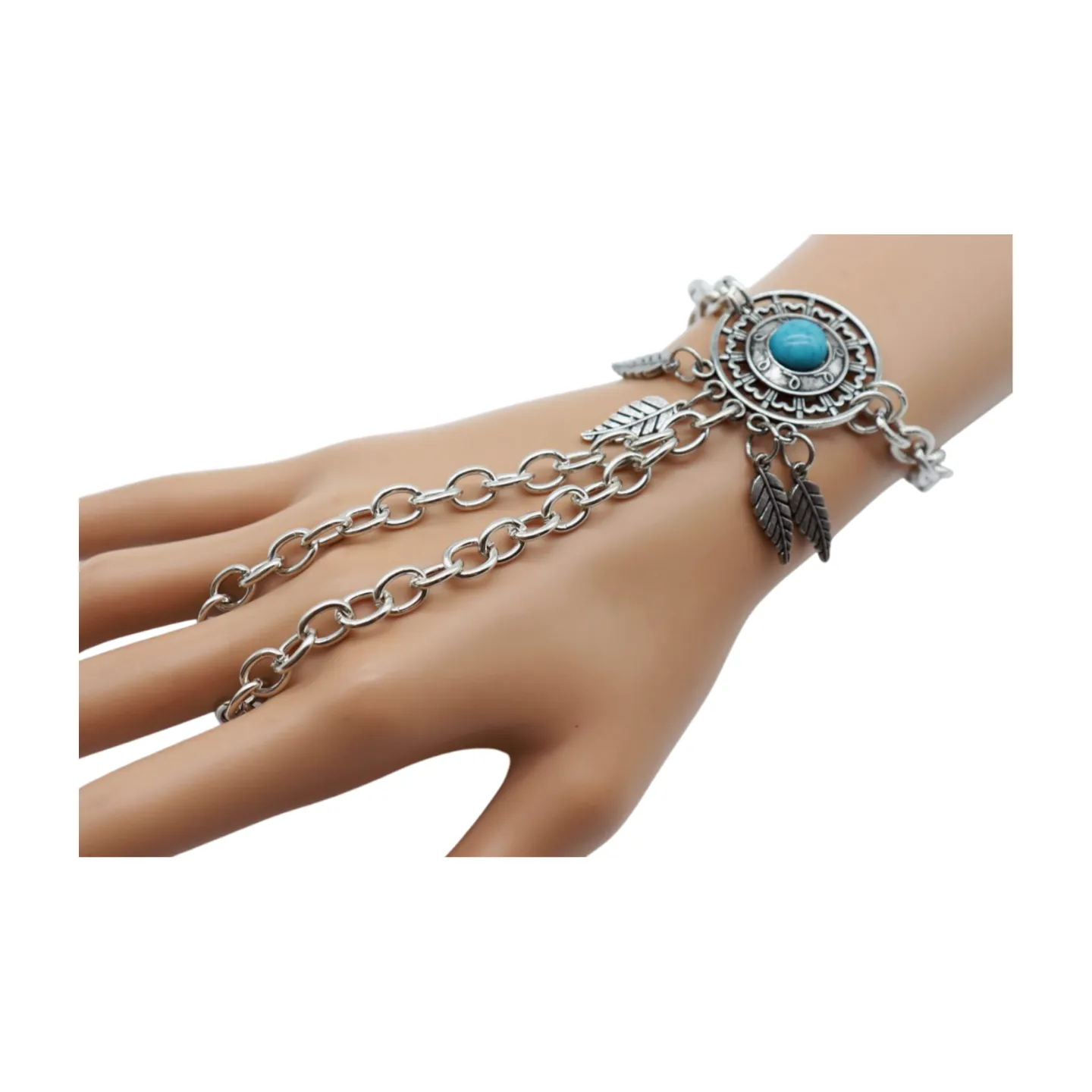 Women Silver Metal Hand Chain Bracelet Connected Ring Turquoise Blue Bead Leaves