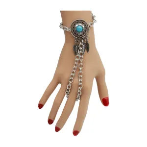 Women Silver Metal Hand Chain Bracelet Connected Ring Turquoise Blue Bead Leaves