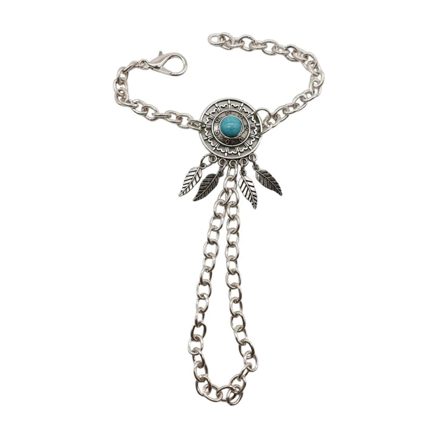 Women Silver Metal Hand Chain Bracelet Connected Ring Turquoise Blue Bead Leaves