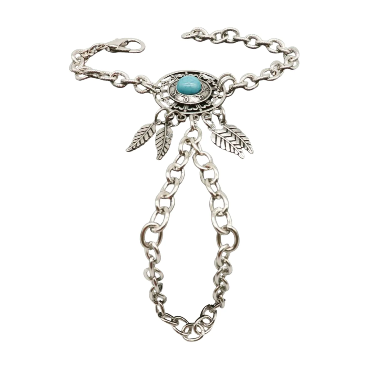 Women Silver Metal Hand Chain Bracelet Connected Ring Turquoise Blue Bead Leaves