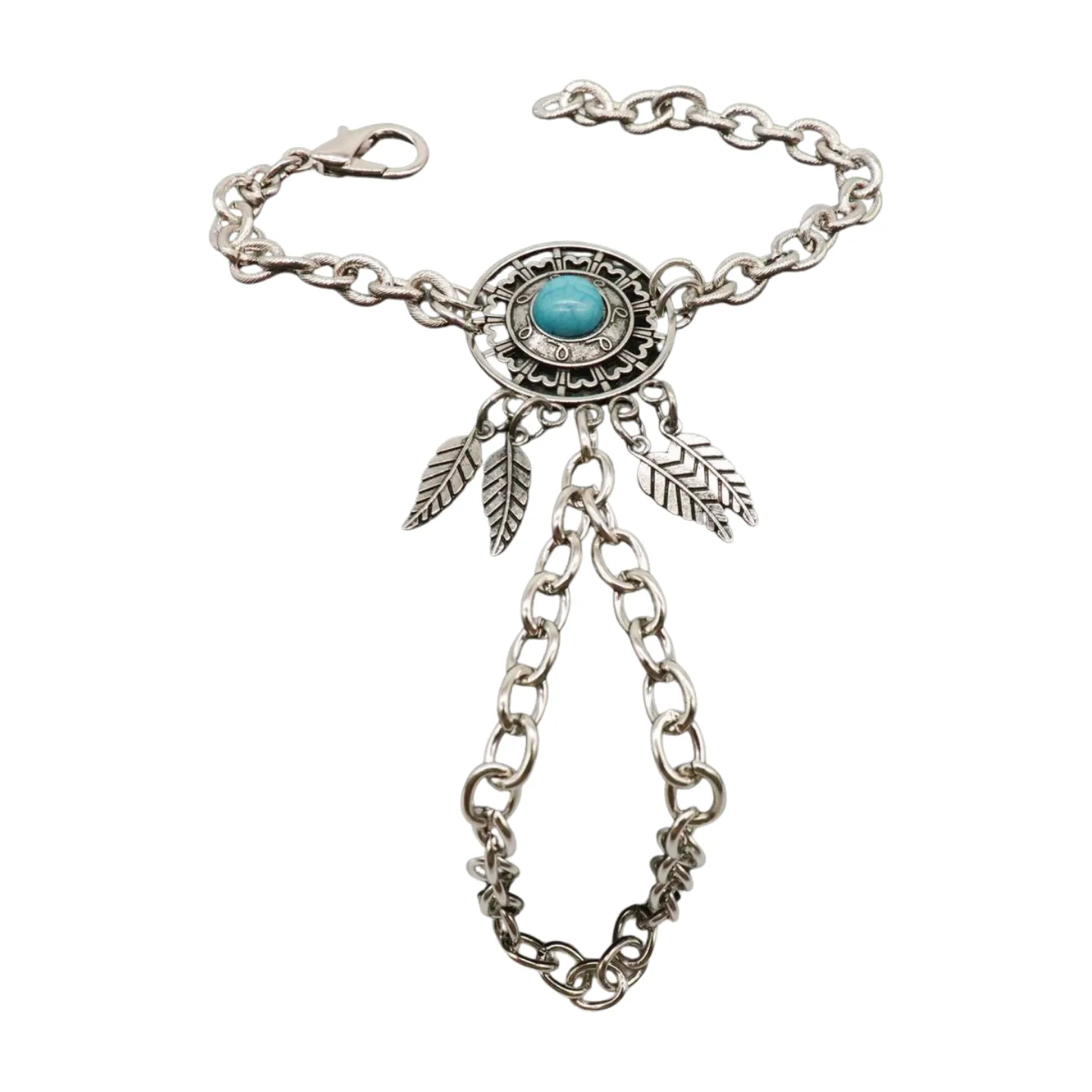 Women Silver Metal Hand Chain Bracelet Connected Ring Turquoise Blue Bead Leaves