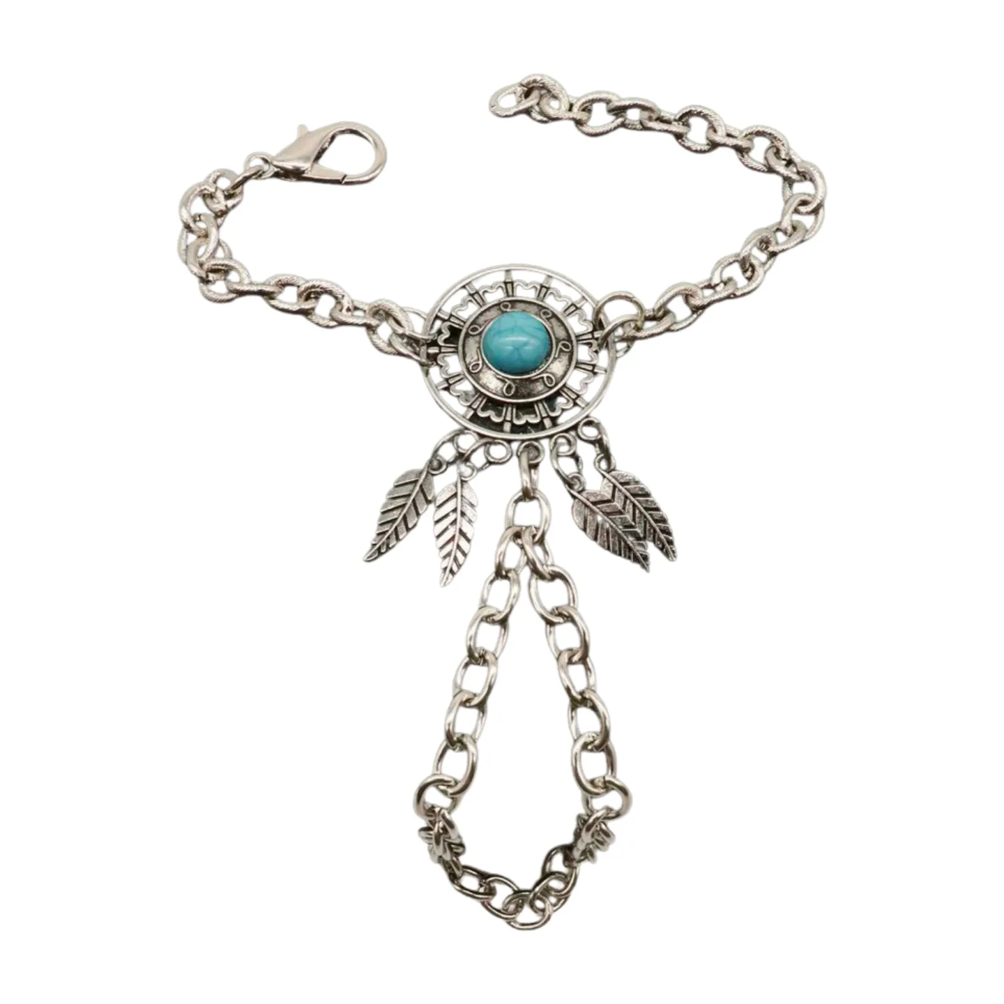 Women Silver Metal Hand Chain Bracelet Connected Ring Turquoise Blue Bead Leaves