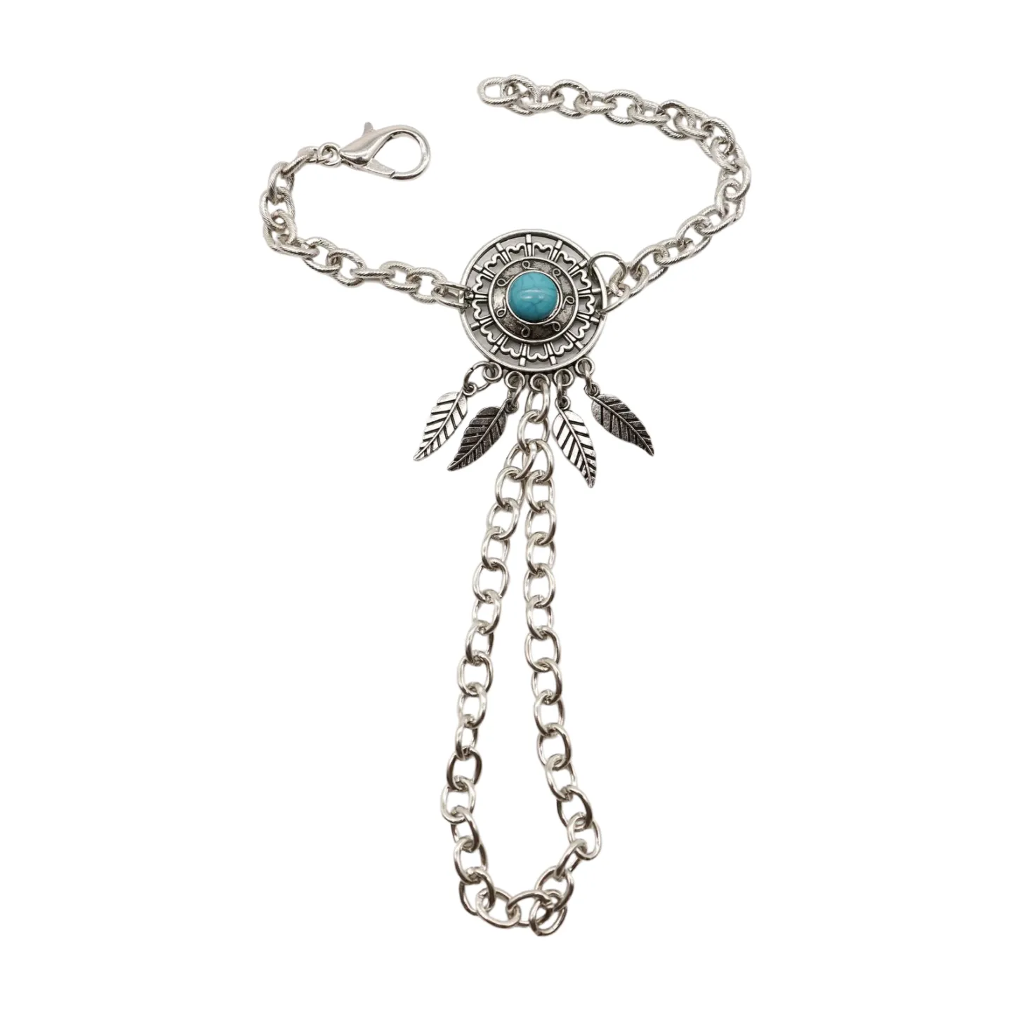 Women Silver Metal Hand Chain Bracelet Connected Ring Turquoise Blue Bead Leaves