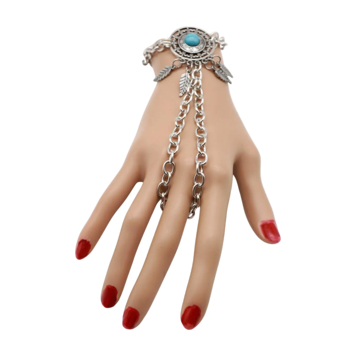 Women Silver Metal Hand Chain Bracelet Connected Ring Turquoise Blue Bead Leaves