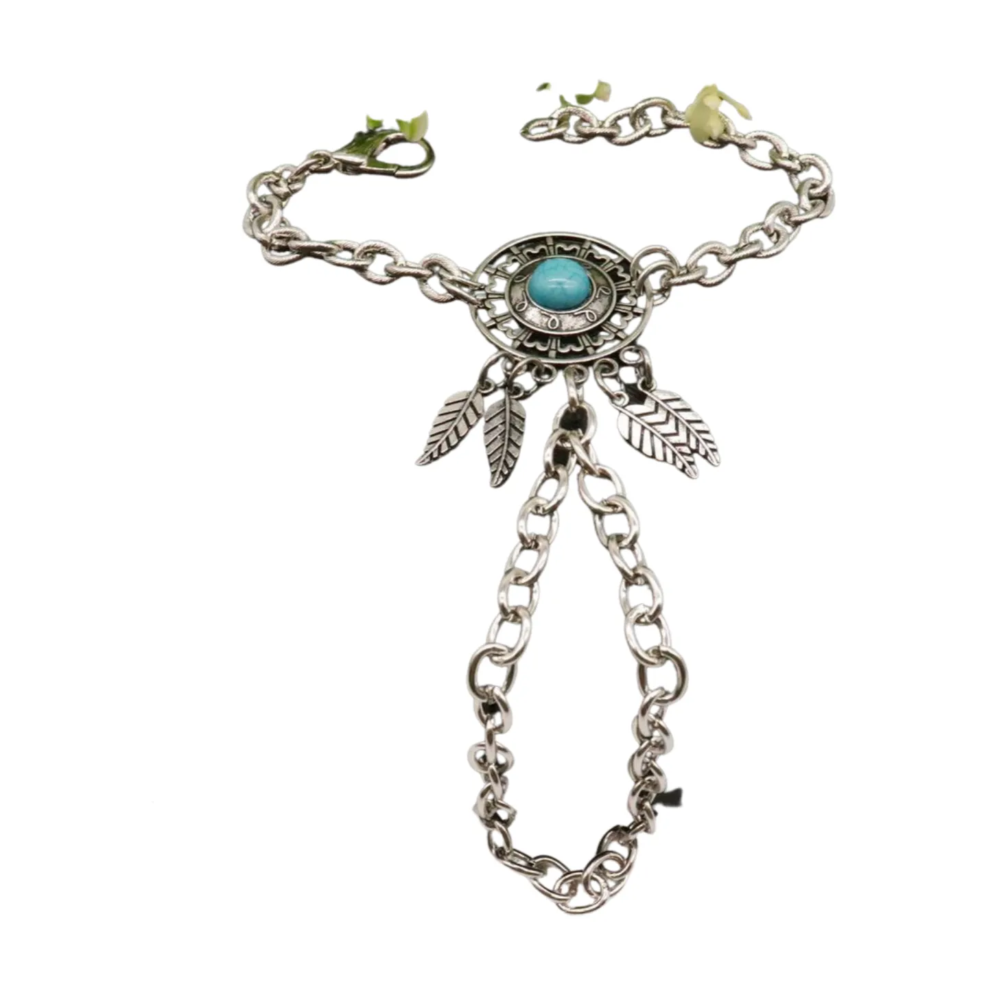 Women Silver Metal Hand Chain Bracelet Connected Ring Turquoise Blue Bead Leaves