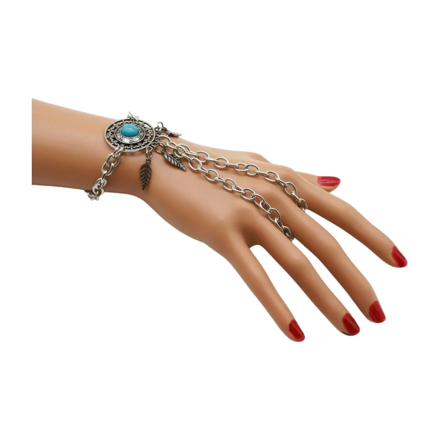 Women Silver Metal Hand Chain Bracelet Connected Ring Turquoise Blue Bead Leaves
