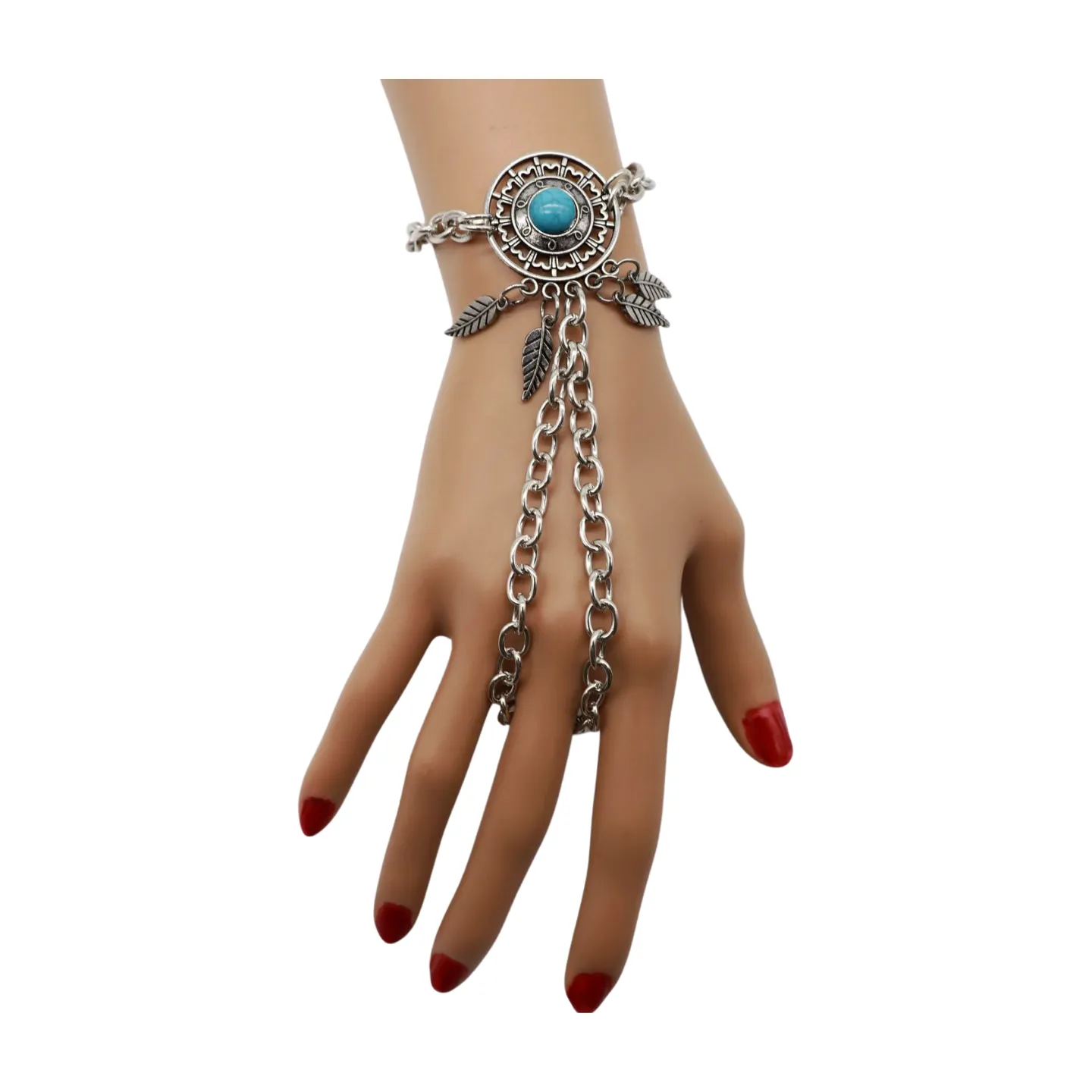Women Silver Metal Hand Chain Bracelet Connected Ring Turquoise Blue Bead Leaves
