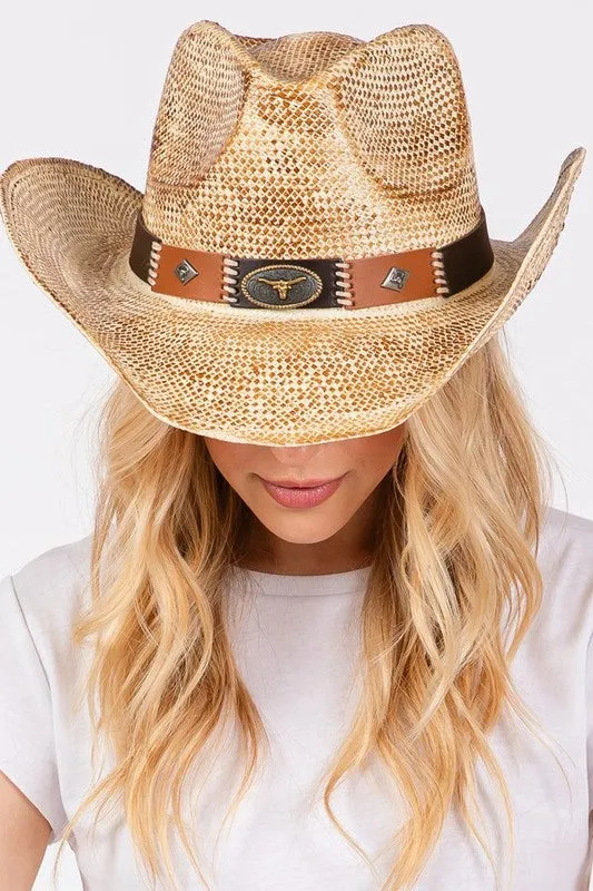 Women's Mix Concho Vintage Effect Straw Cowboy Hat