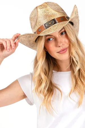 Women's Mix Concho Vintage Effect Straw Cowboy Hat