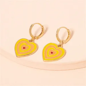 Yellow & Peach Enamel Heart Charm Huggie Earrings