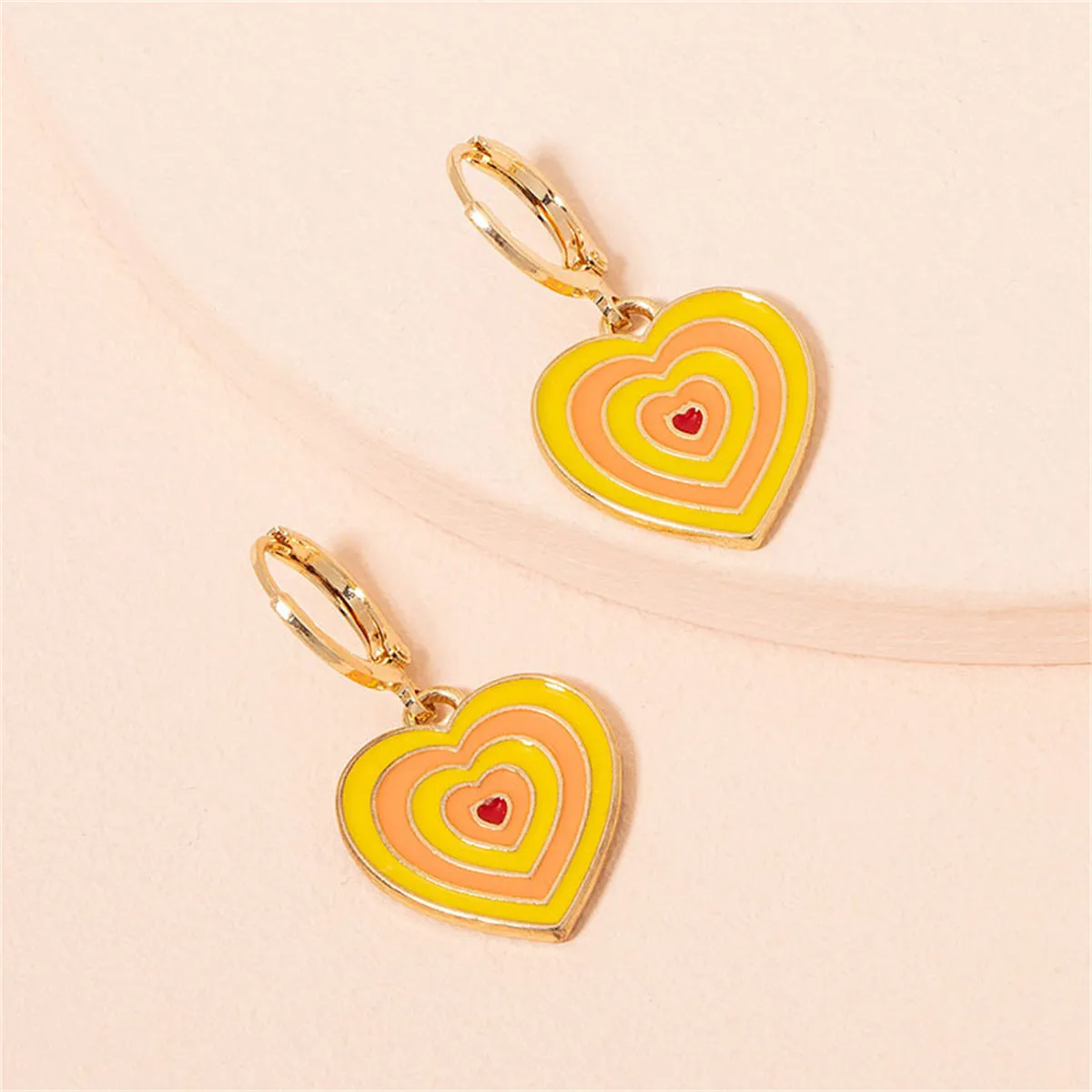 Yellow & Peach Enamel Heart Charm Huggie Earrings