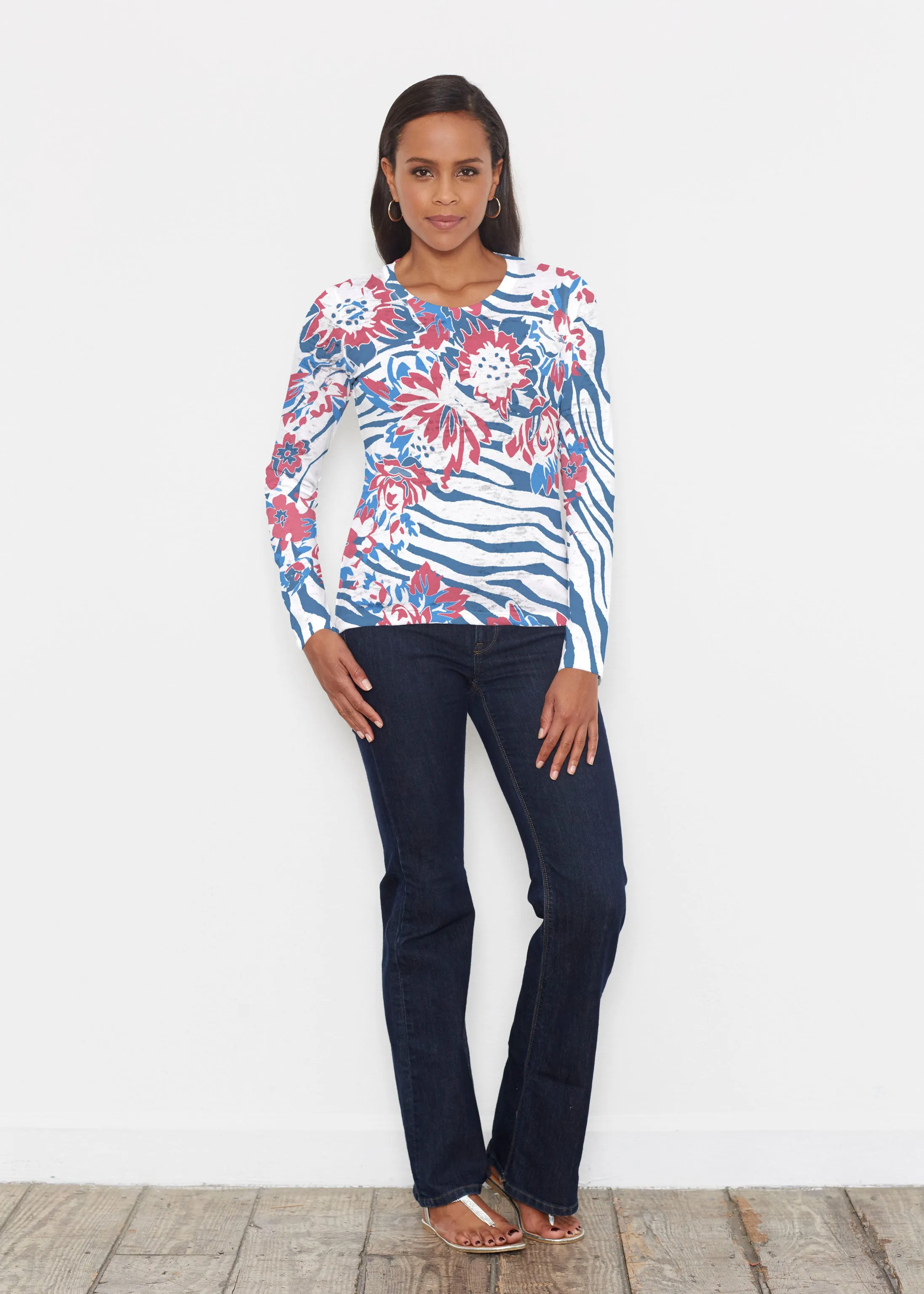 Zebra Posy Red-Blue (8132) ~ Signature Long Sleeve Crew Shirt
