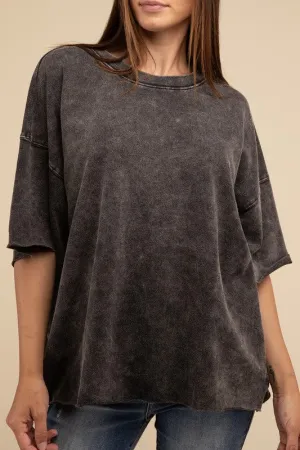 ZENANA French Terry Washed Drop Shoulder Short Sleeve Top